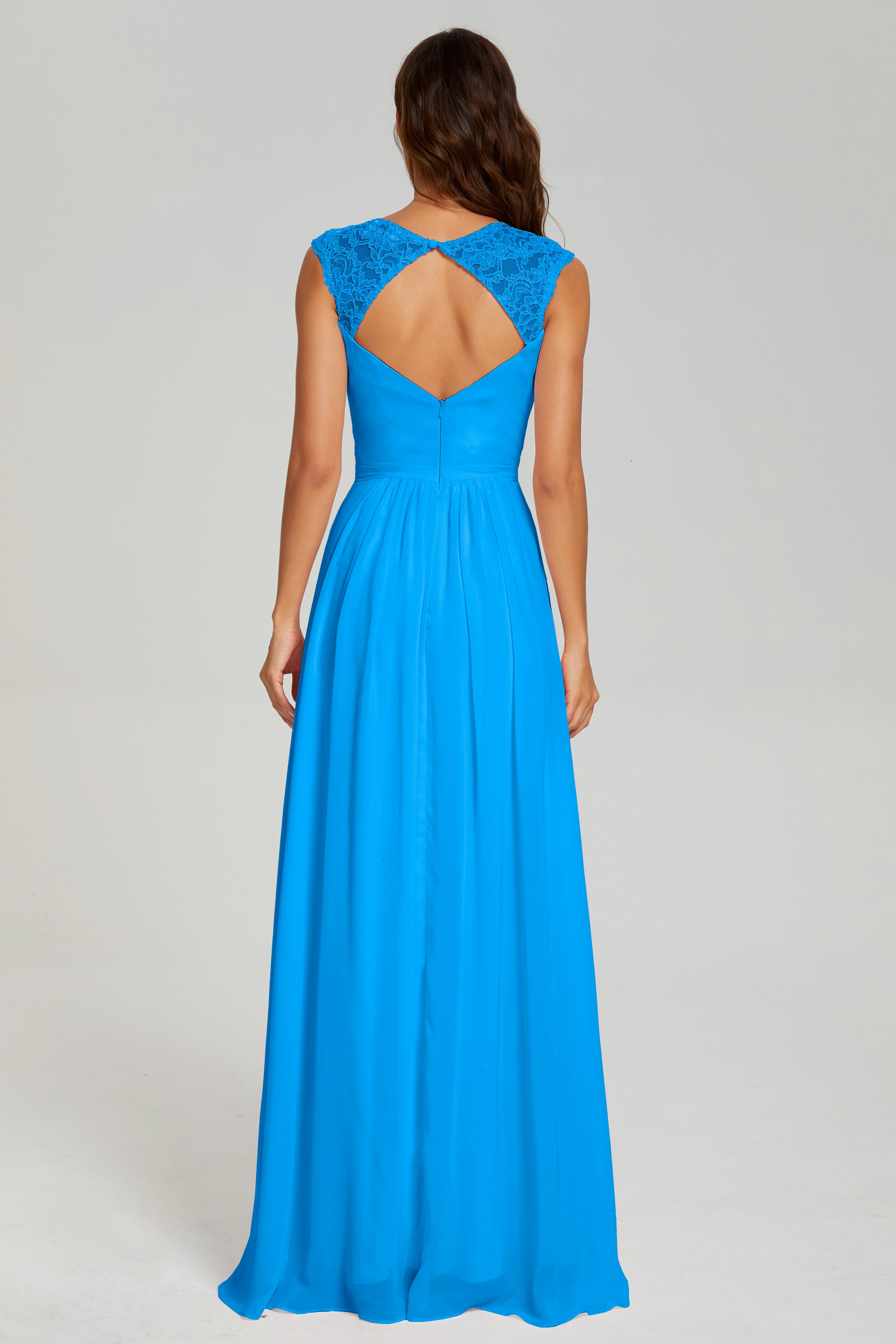 Cap Sleeve Open Back Chiffon Long Prom Dresses