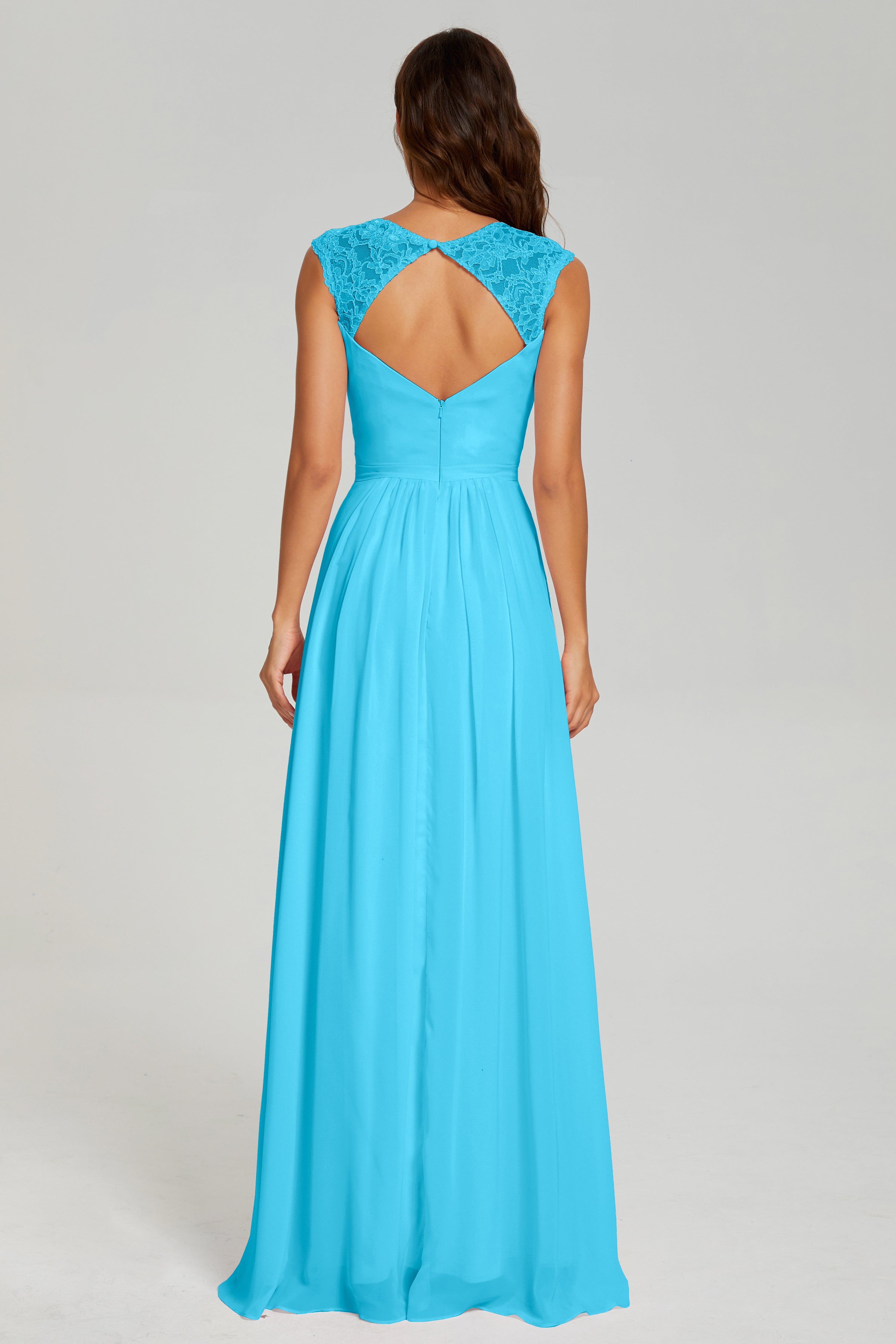 Cap Sleeve Open Back Chiffon Long Prom Dresses