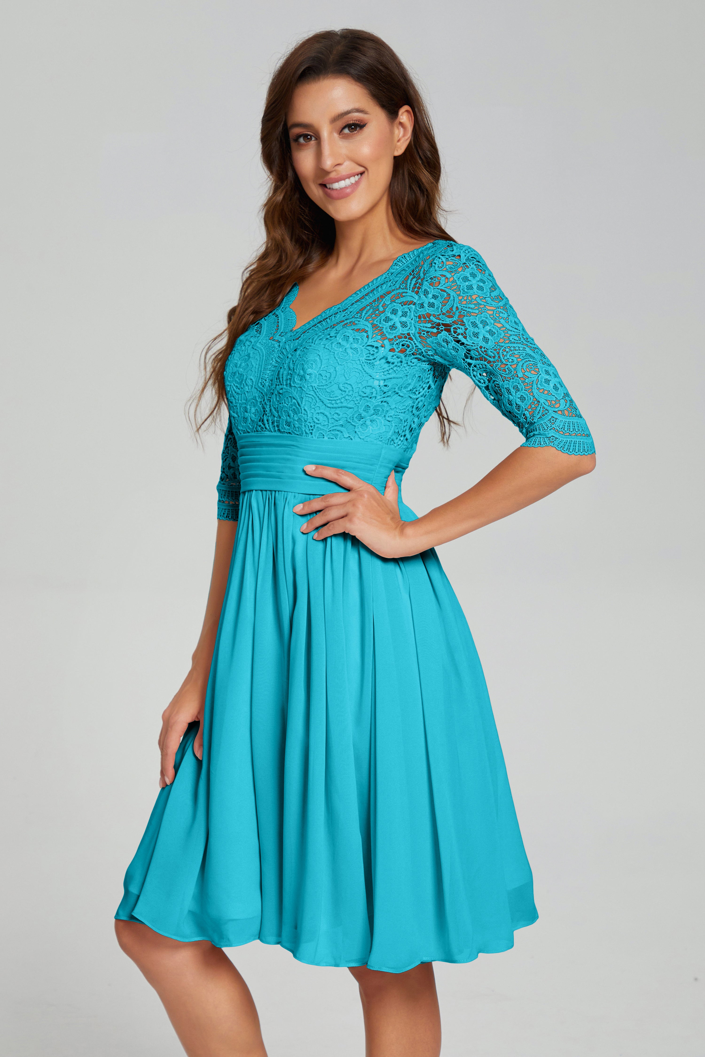 Half Sleeve Knee Length Lace Prom Dresses