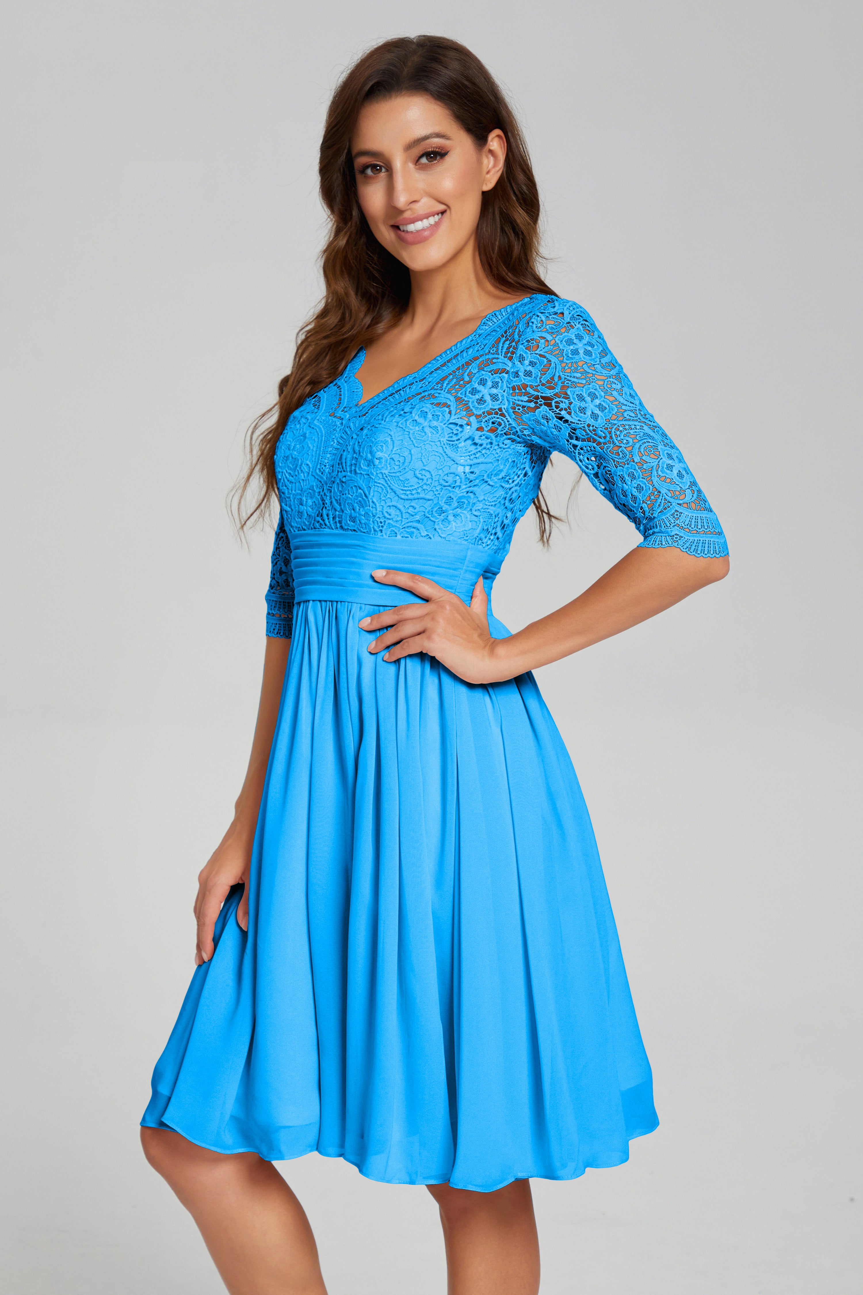 Half Sleeve Knee Length Lace Prom Dresses