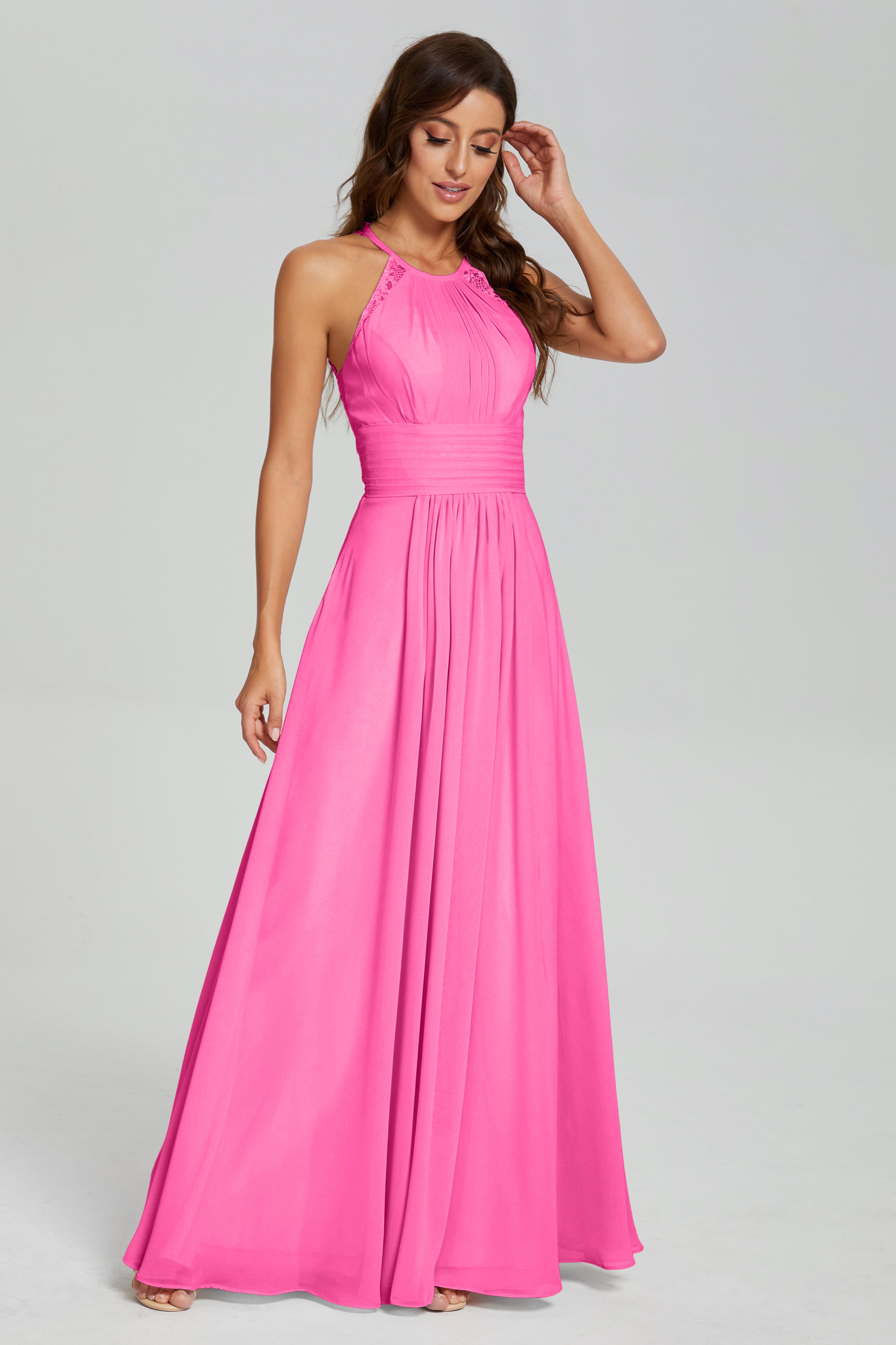 Halter Pleating Lace Chiffon Prom Dresses