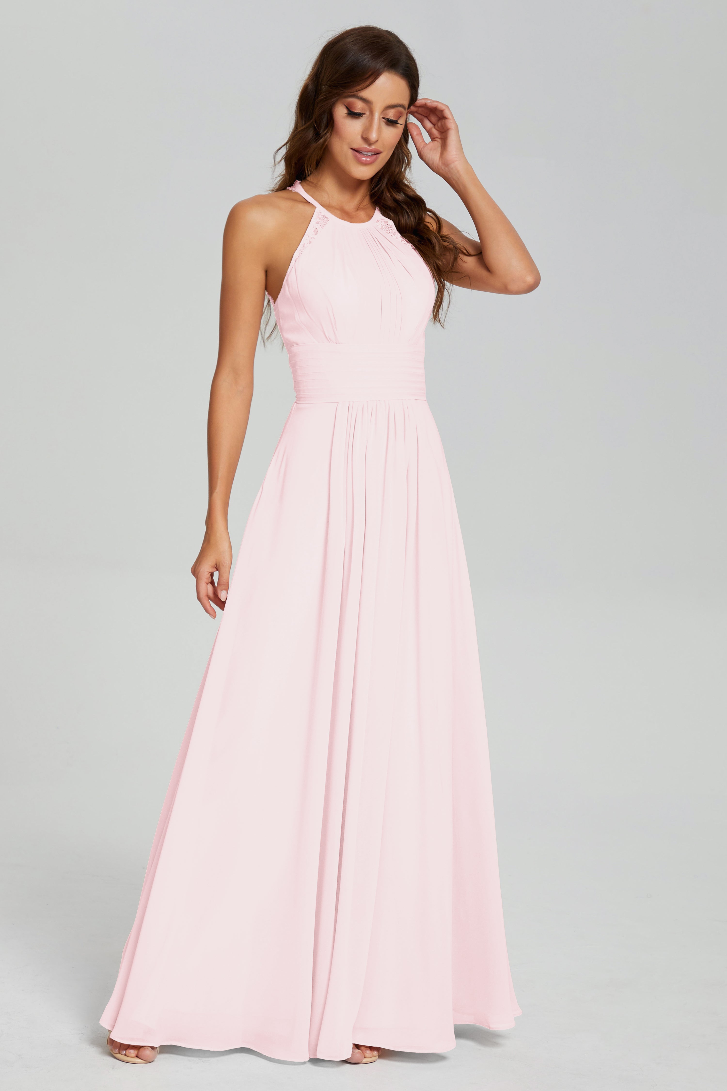 Halter Pleating Lace Chiffon Prom Dresses