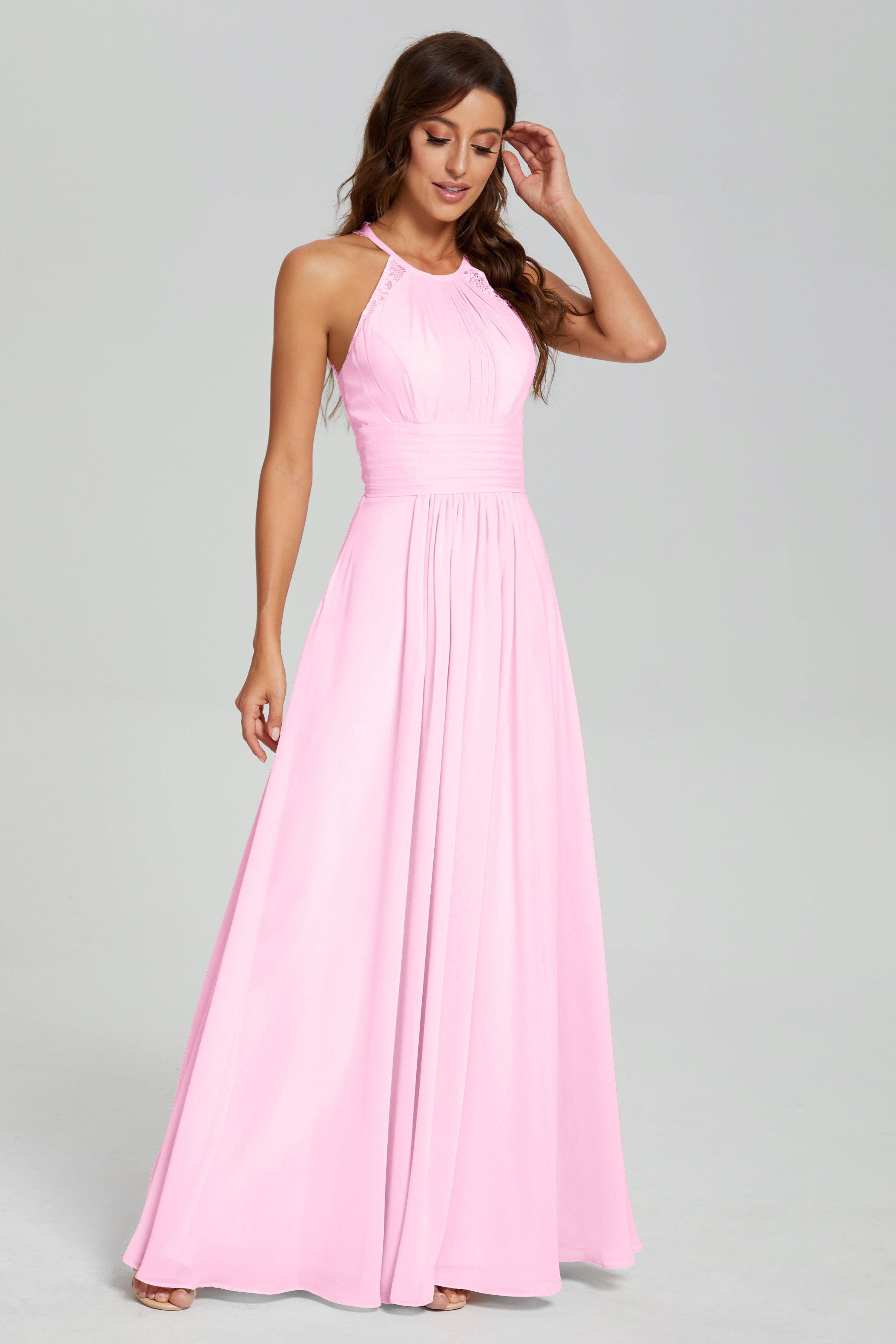 Halter Pleating Lace Chiffon Prom Dresses