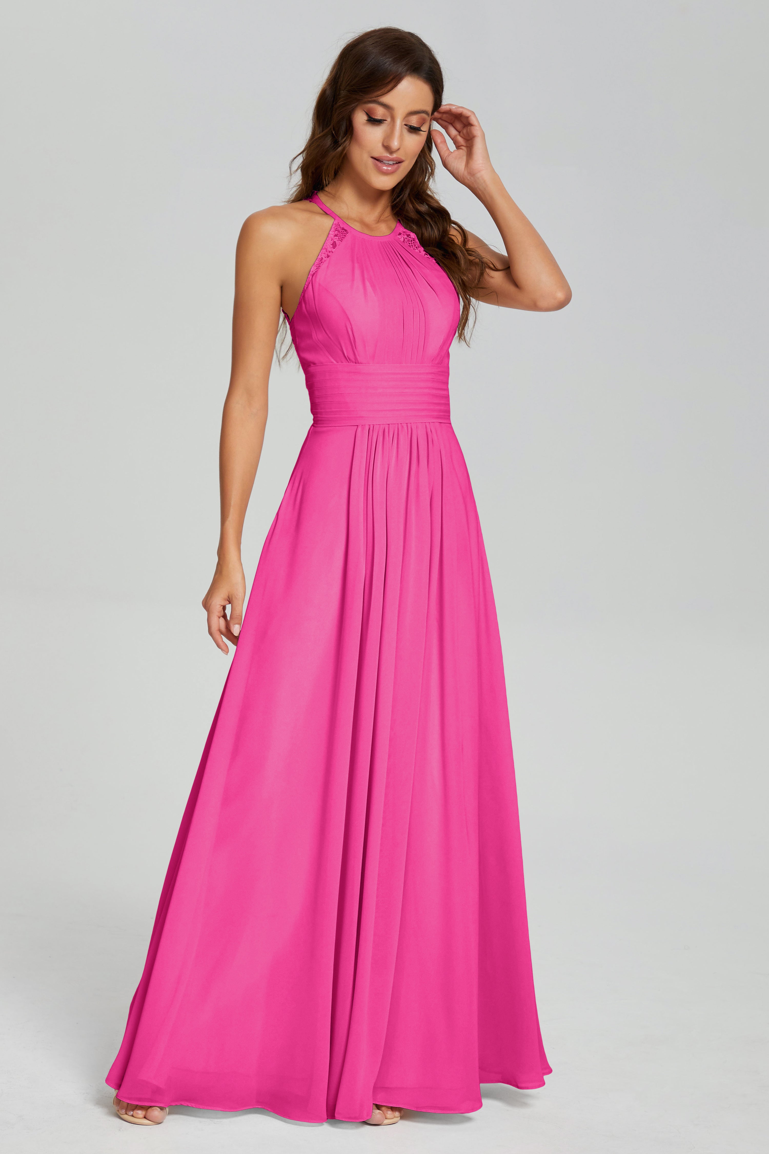 Halter Pleating Lace Chiffon Prom Dresses