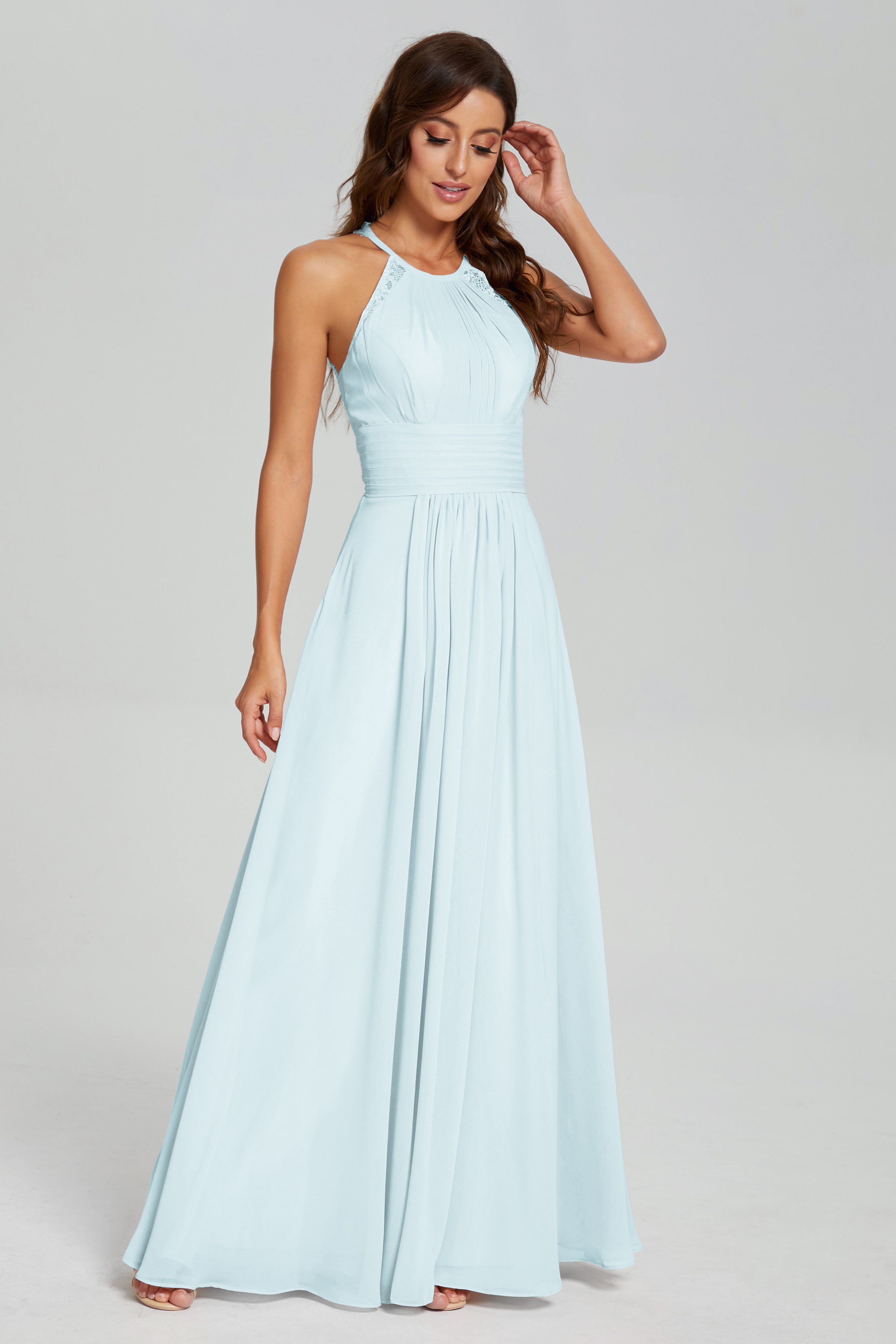 Halter Pleating Lace Chiffon Prom Dresses