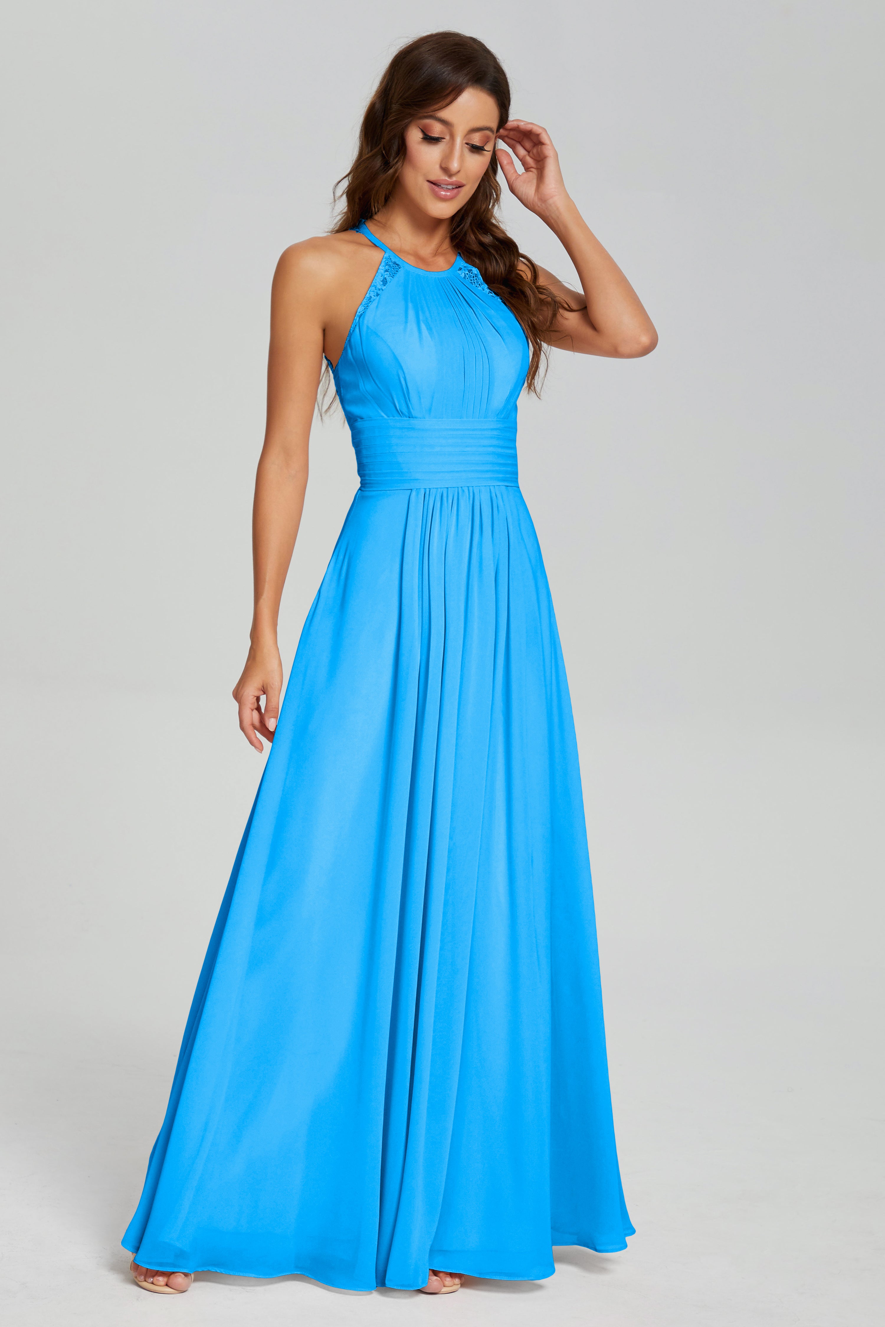 Halter Pleating Lace Chiffon Prom Dresses