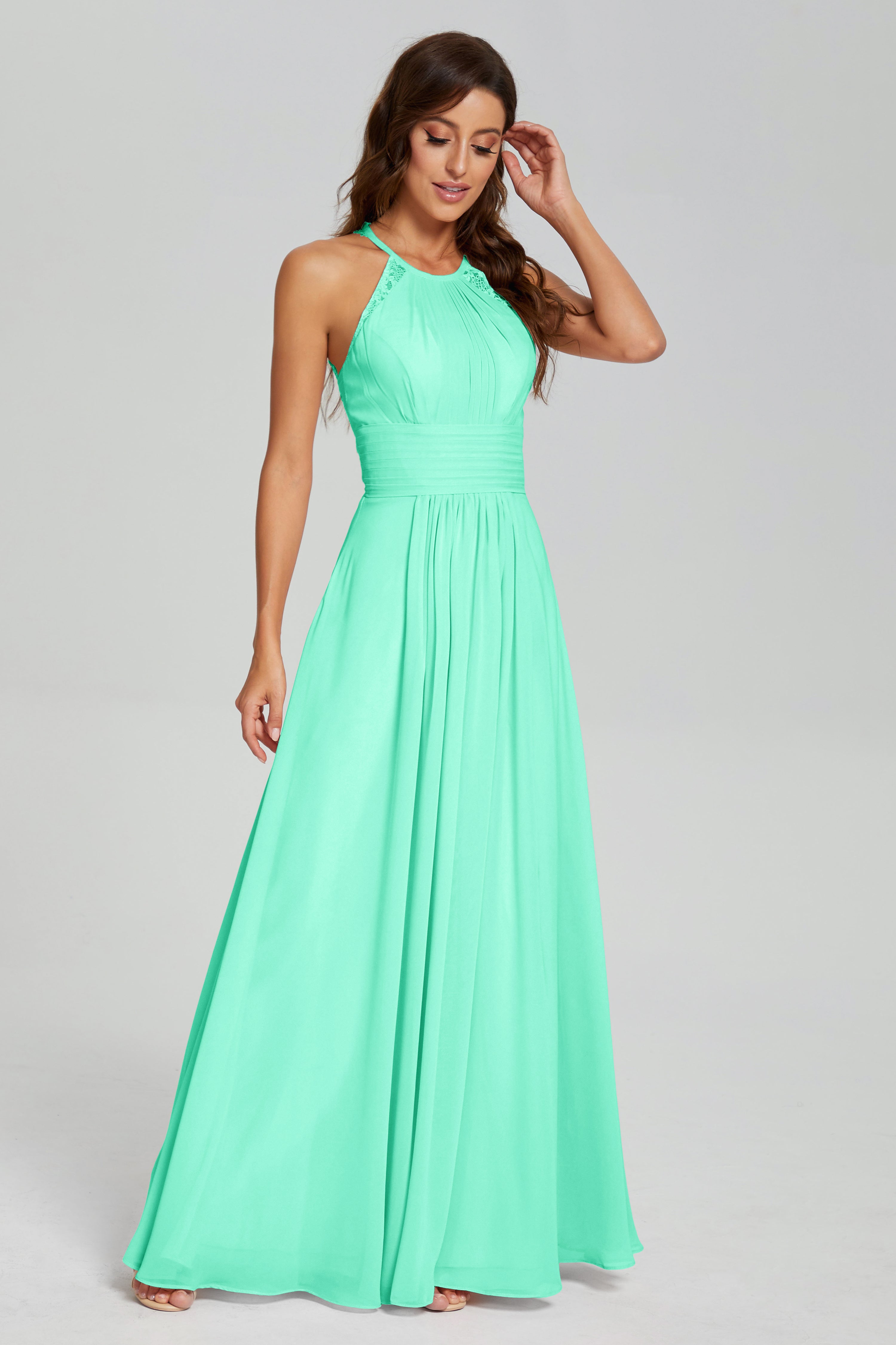 Halter Pleating Lace Chiffon Prom Dresses