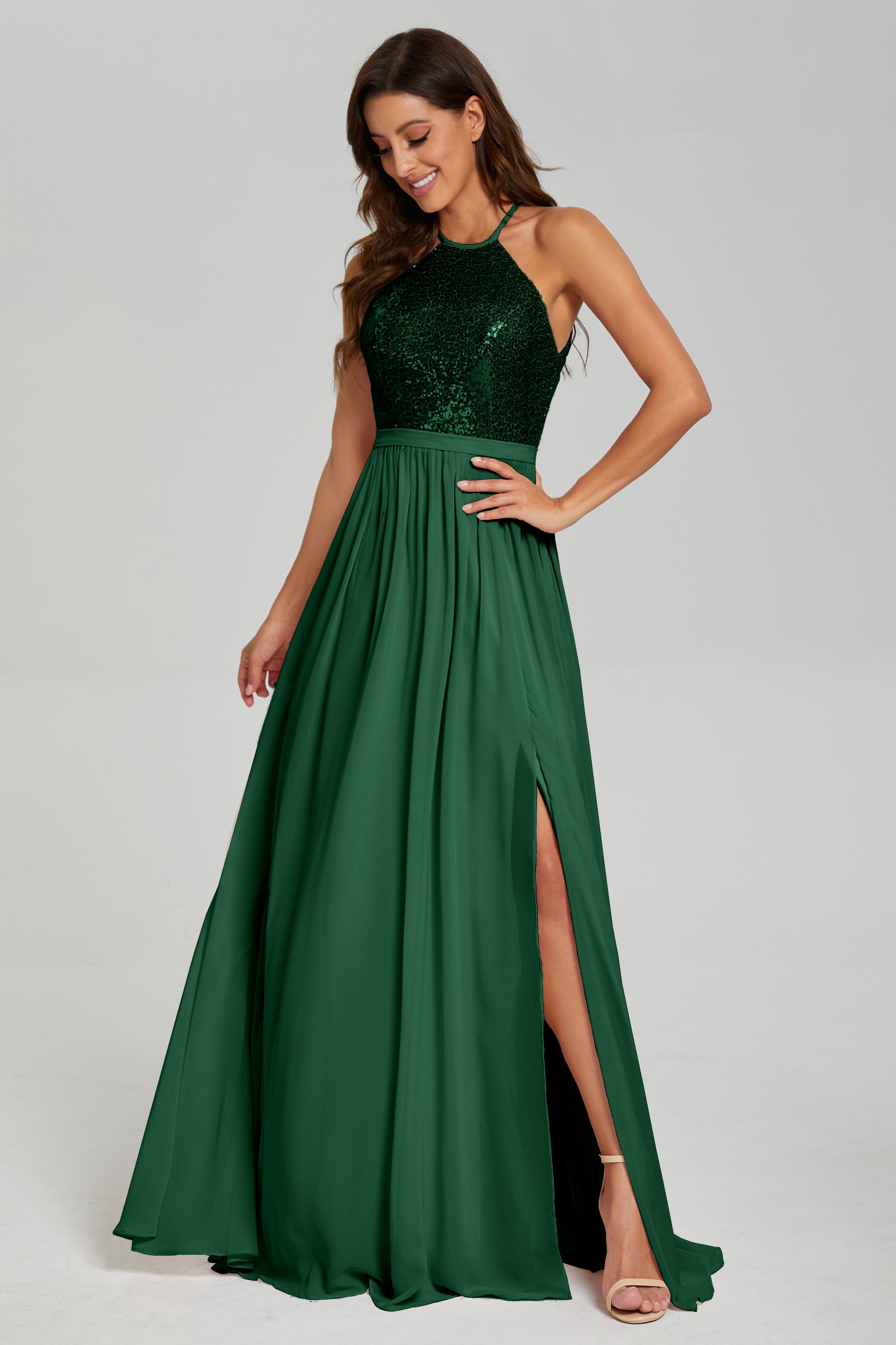 Halter Sequins Split Prom Dresses