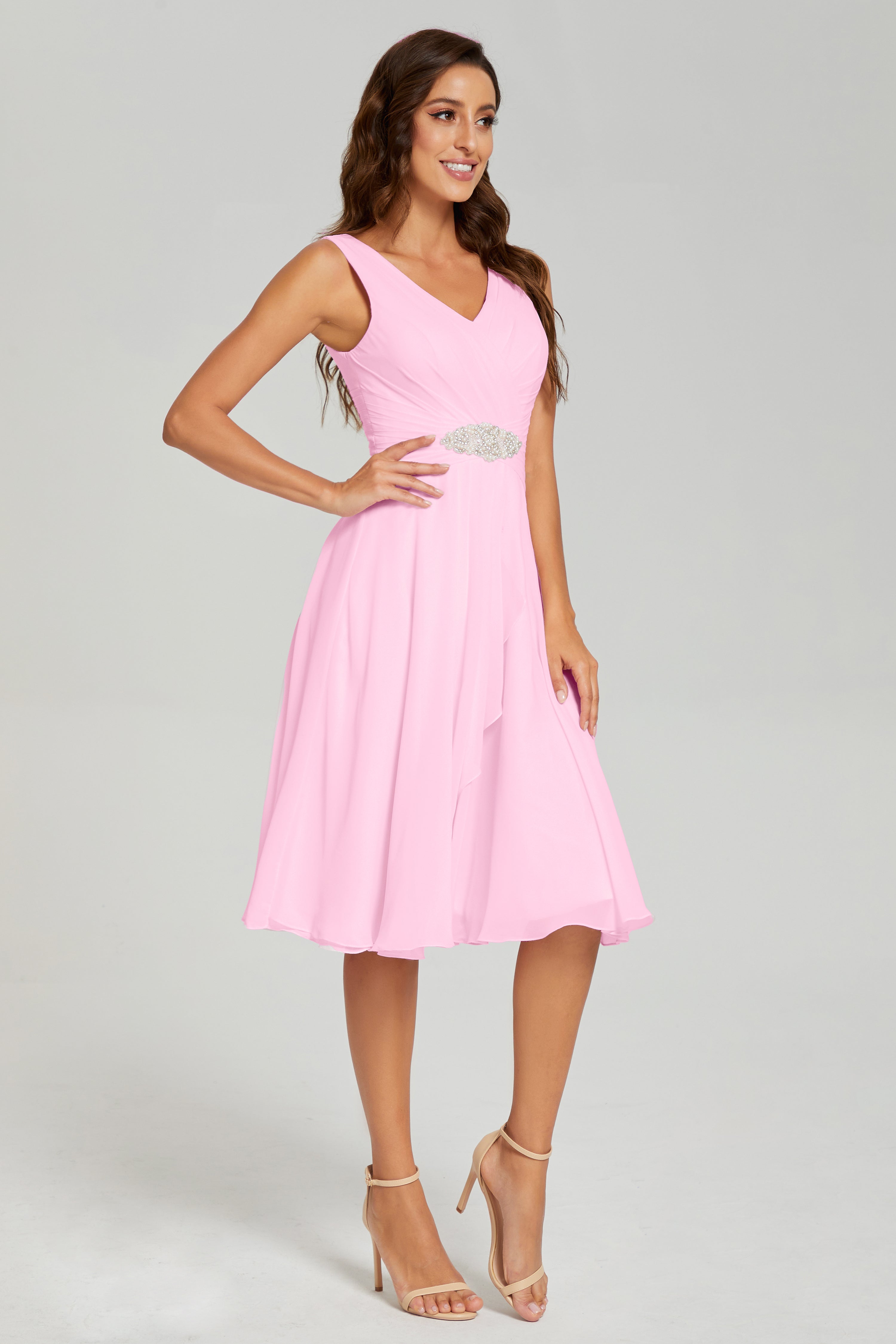 Knee Length V-neck Asymmetrical Chiffon Prom Dresses