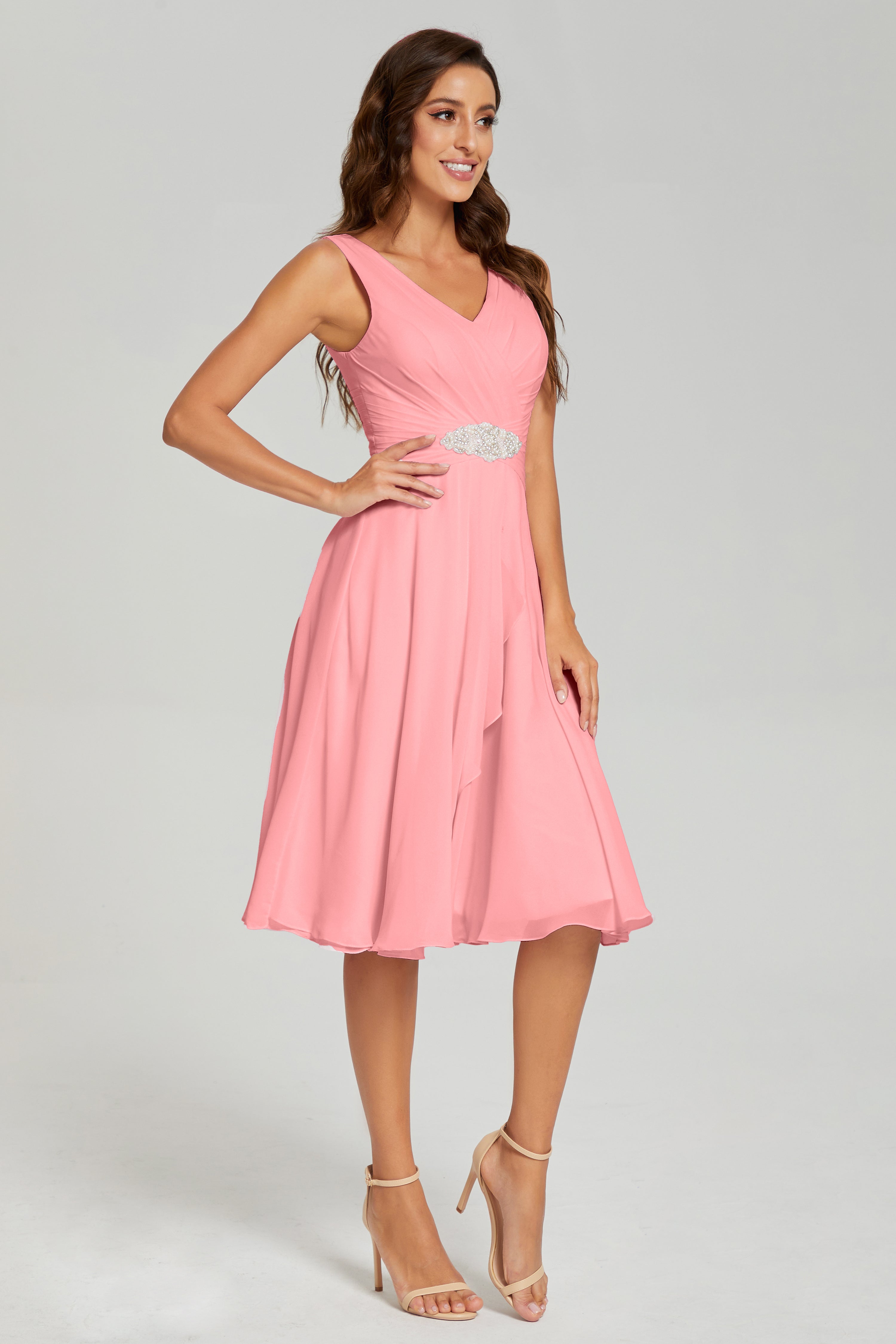 Knee Length V-neck Asymmetrical Chiffon Prom Dresses