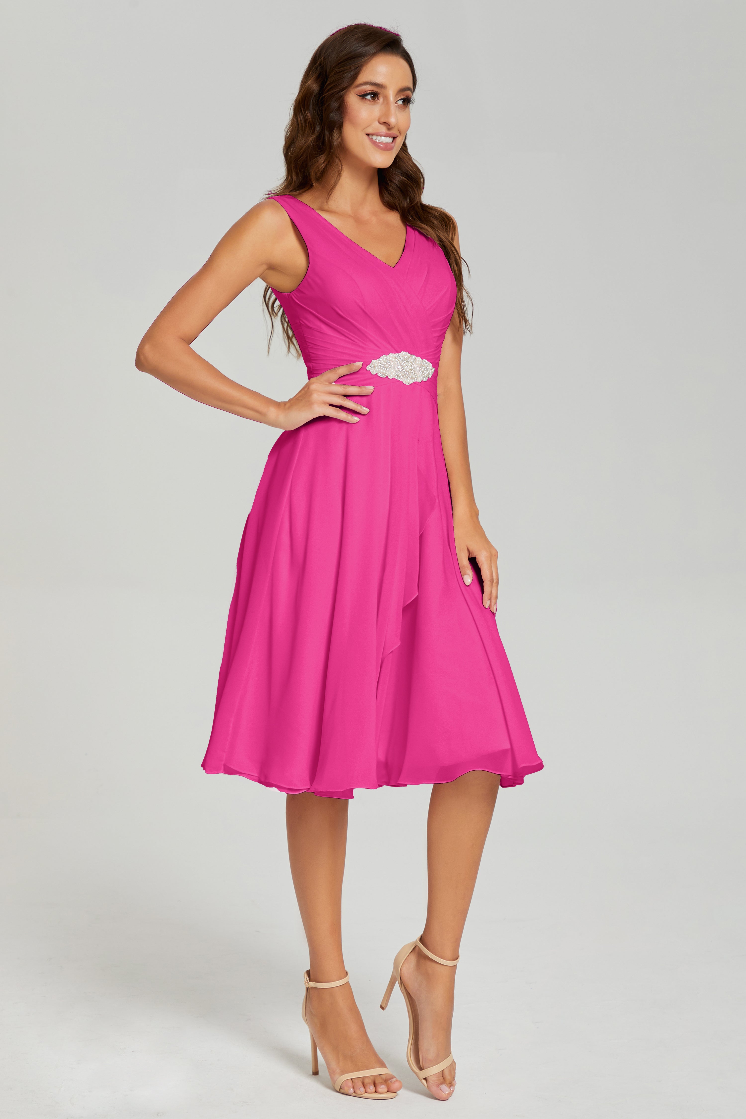 Knee Length V-neck Asymmetrical Chiffon Prom Dresses