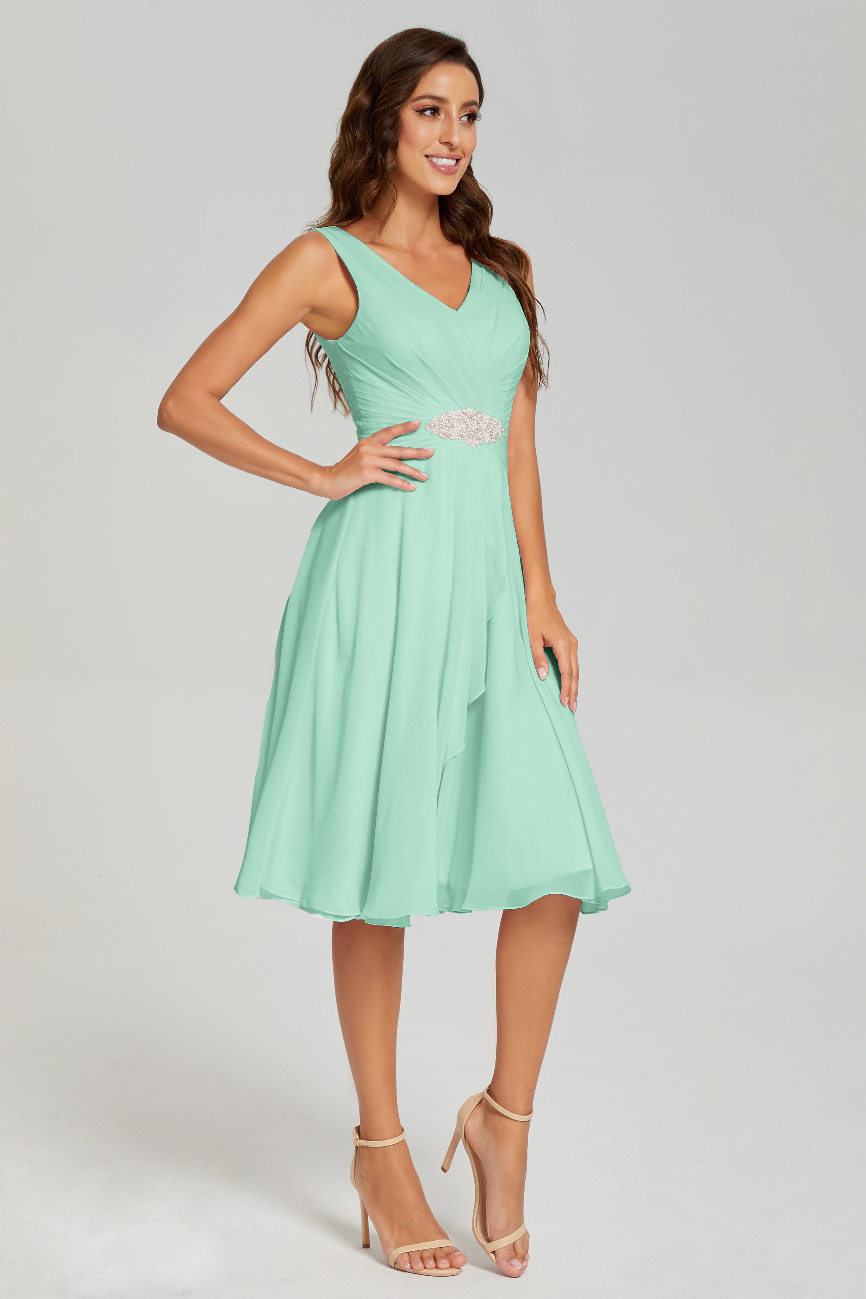 Knee Length V-neck Asymmetrical Chiffon Prom Dresses