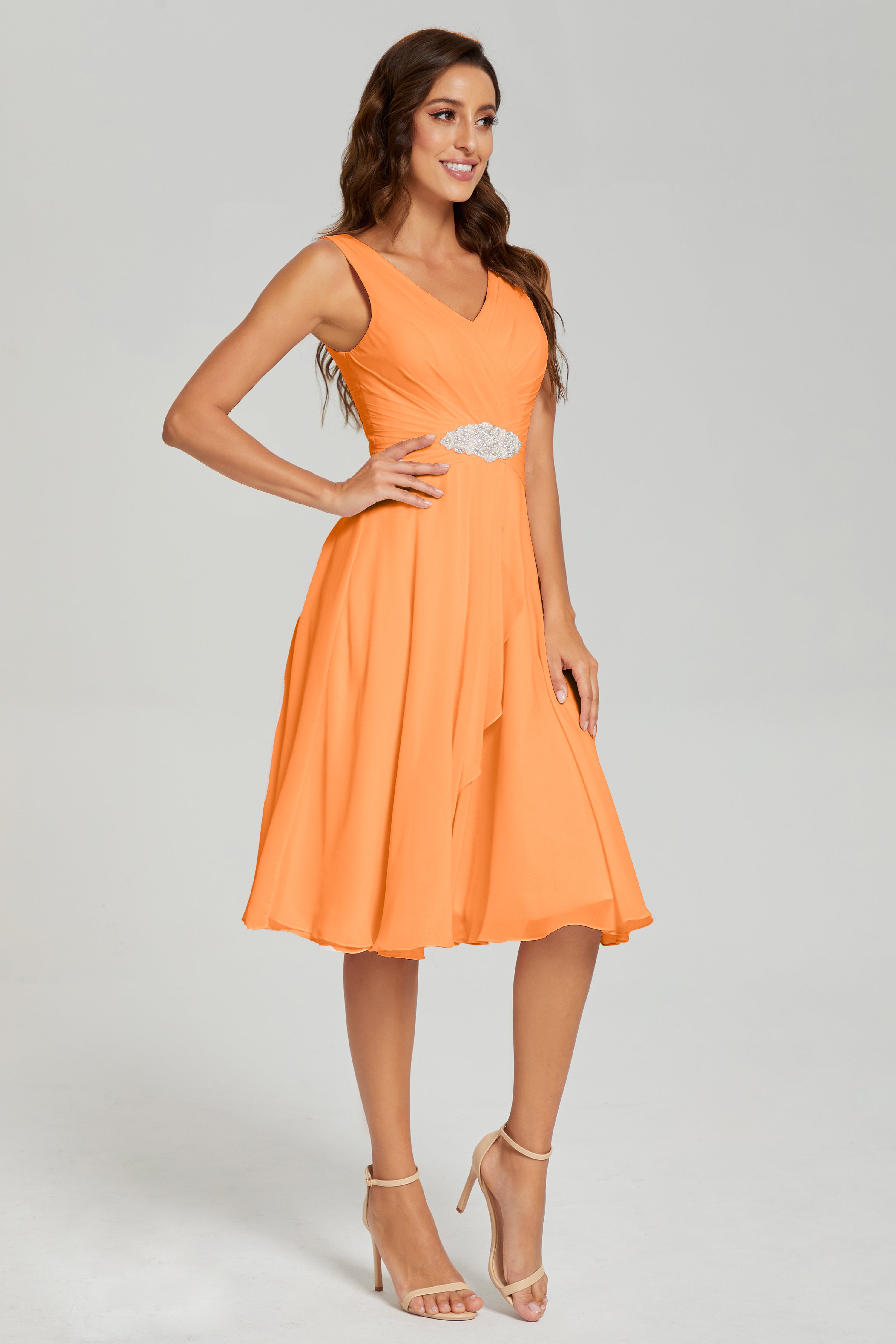 Knee Length V-neck Asymmetrical Chiffon Prom Dresses