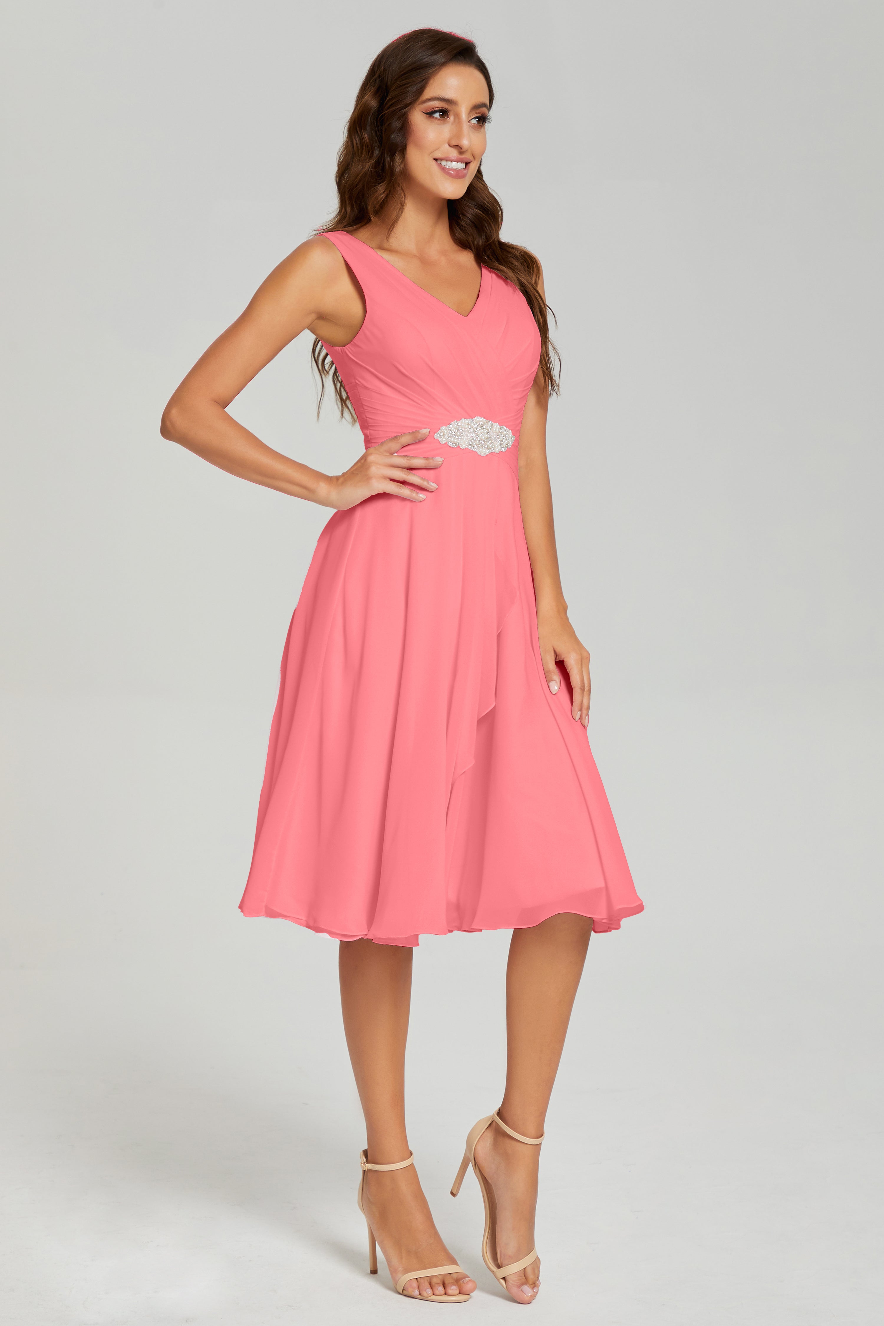 Knee Length V-neck Asymmetrical Chiffon Prom Dresses