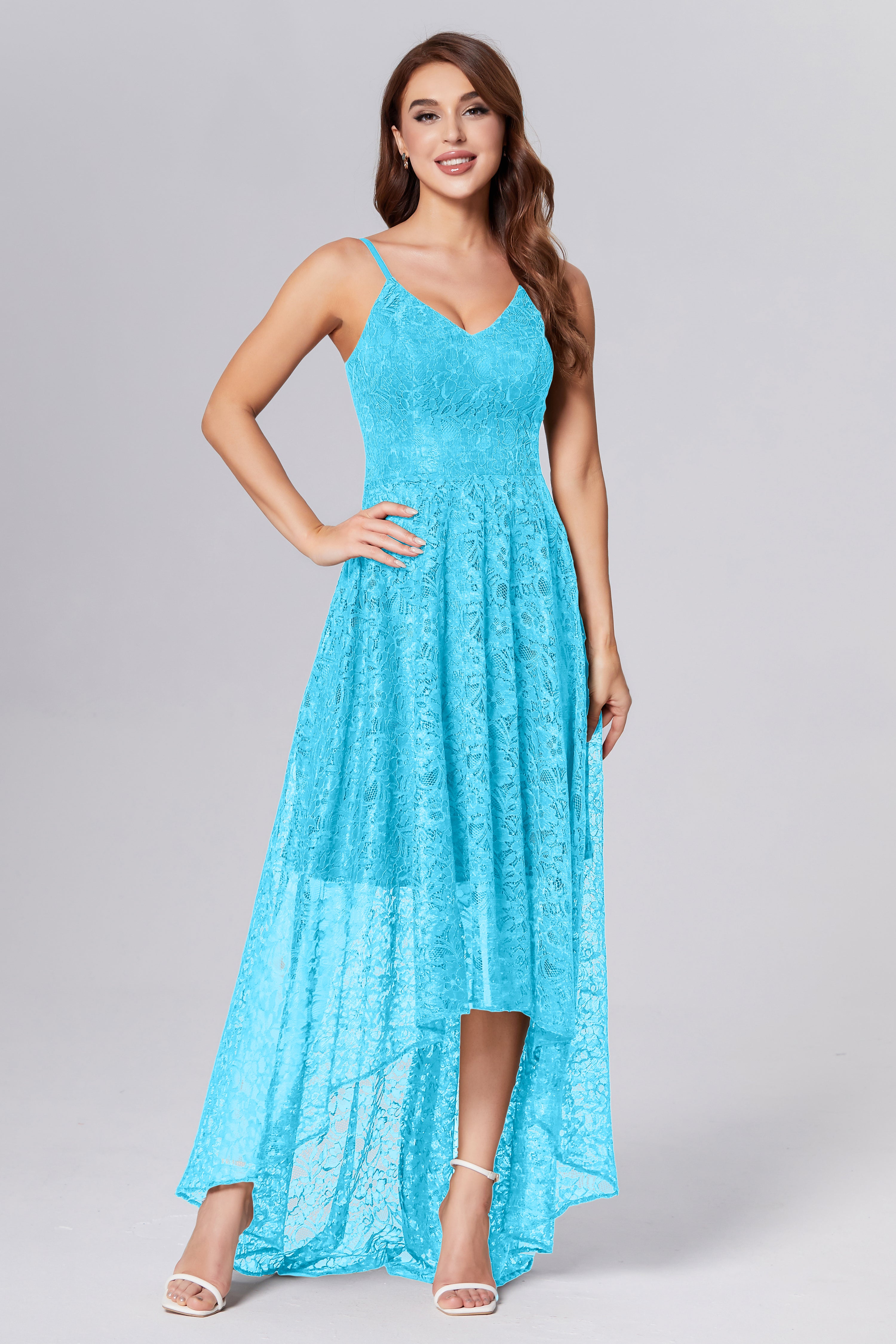 A-line High Low Lace Prom Dresses