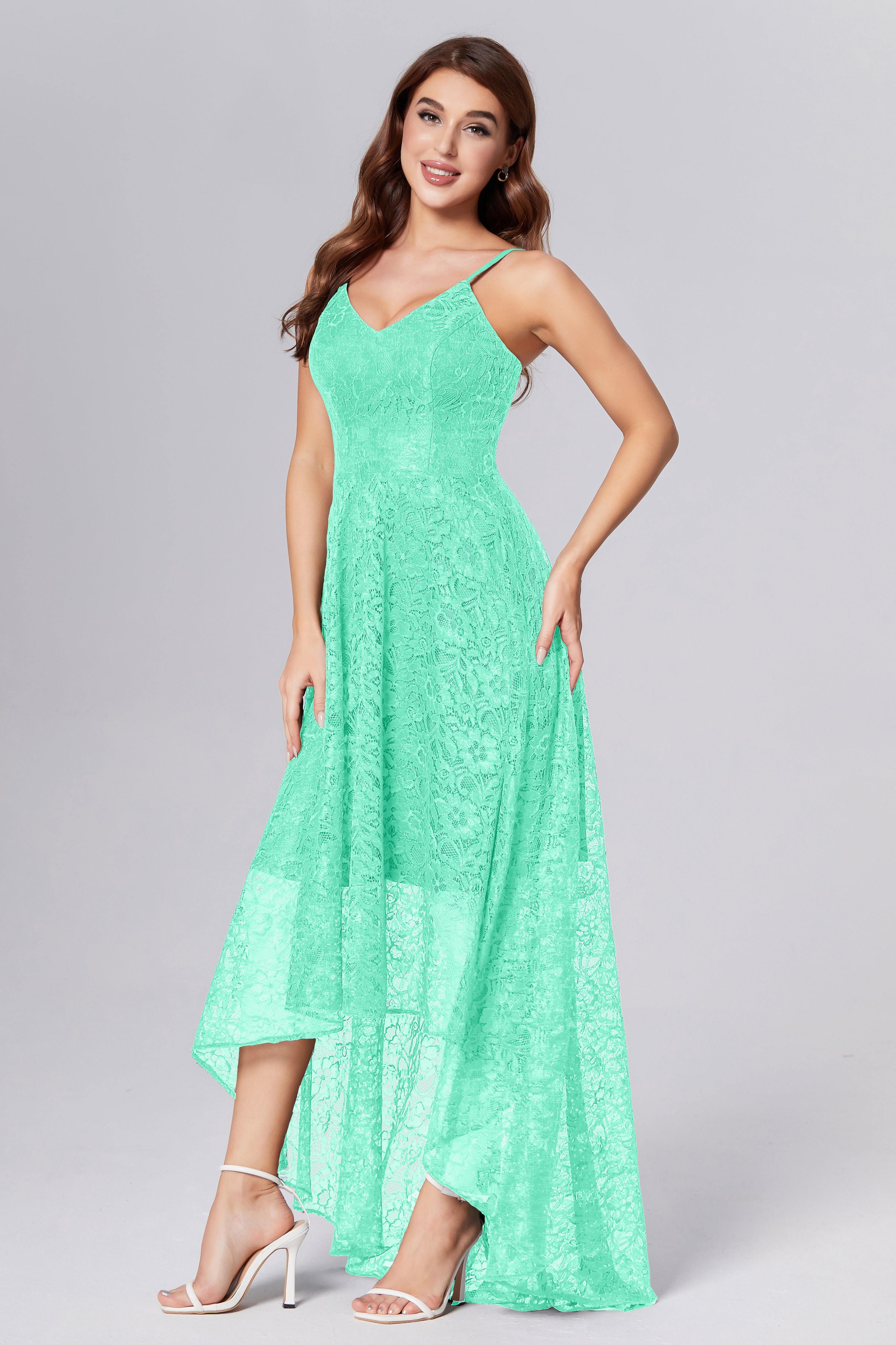 A-line High Low Lace Prom Dresses