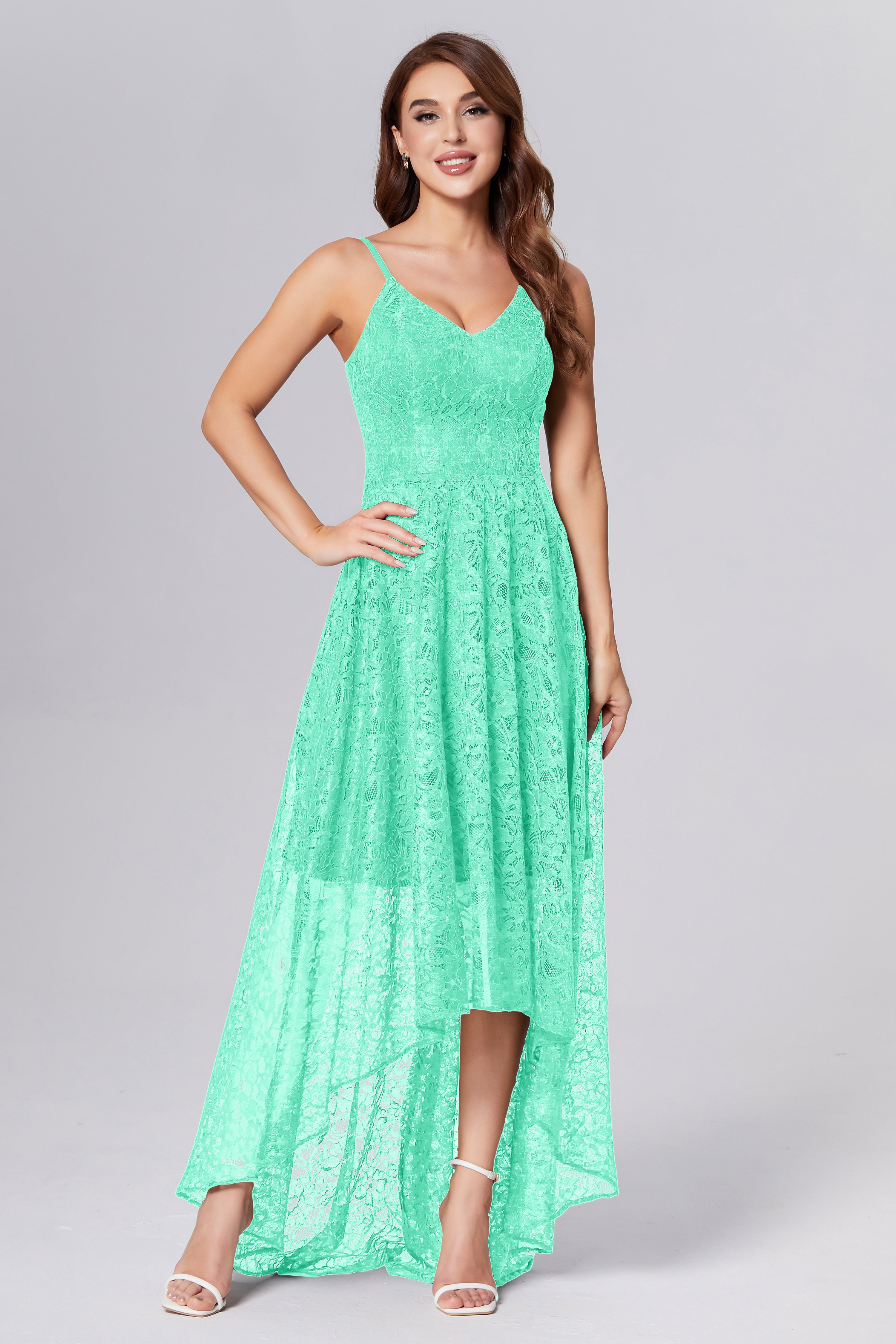 A-line High Low Lace Prom Dresses