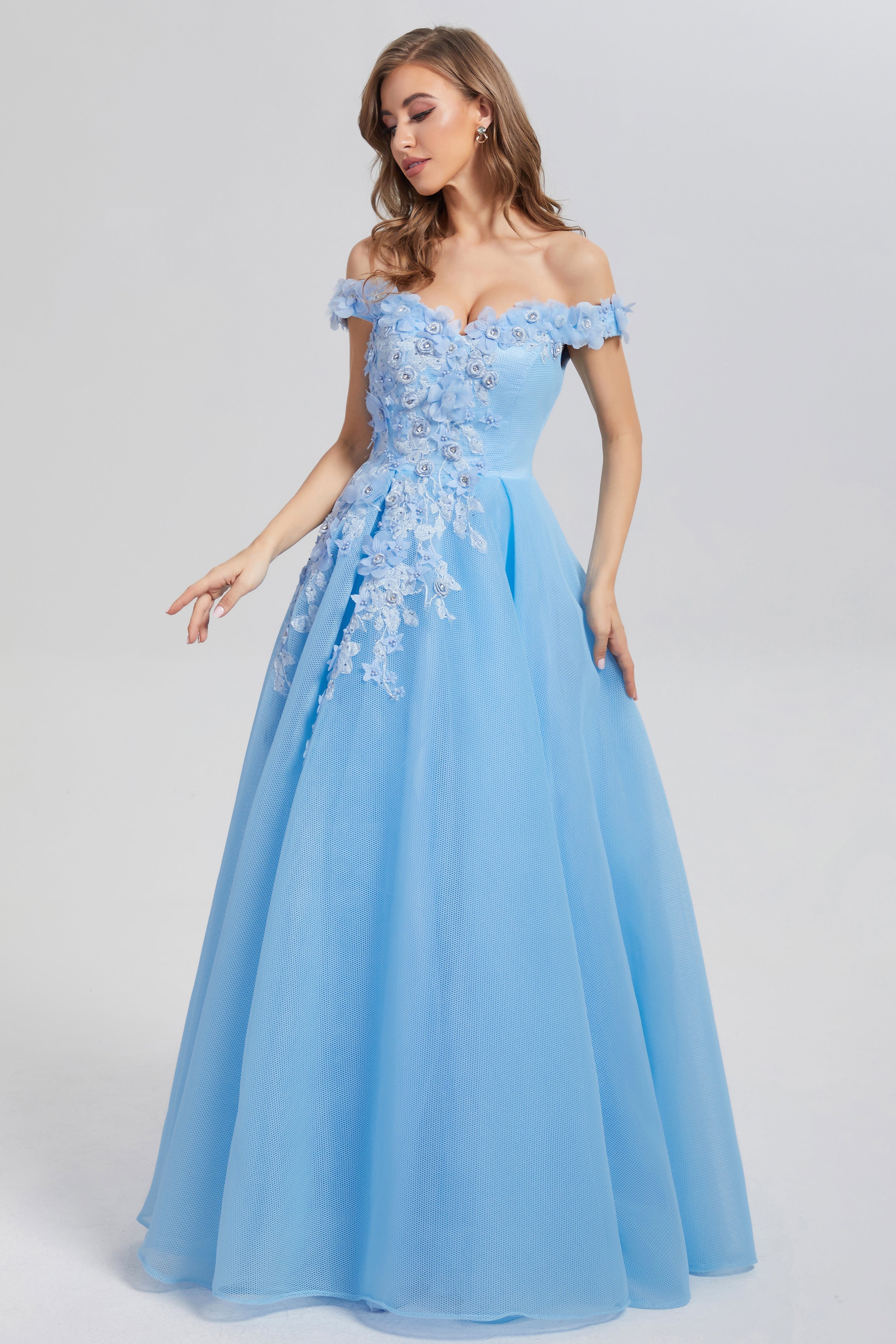 A-line Off the Shoulder Appliques Prom Dresses