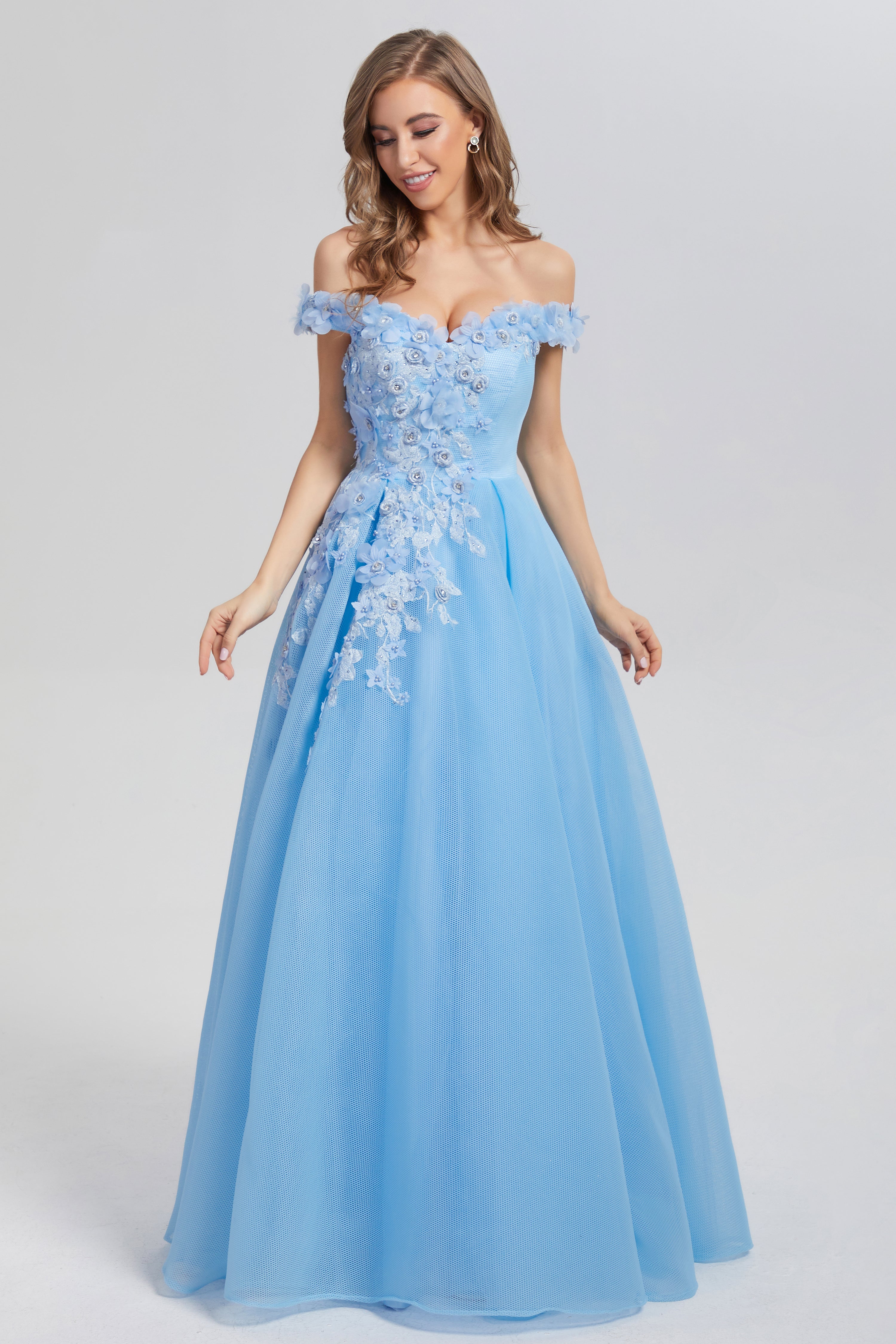 A-line Off the Shoulder Appliques Prom Dresses