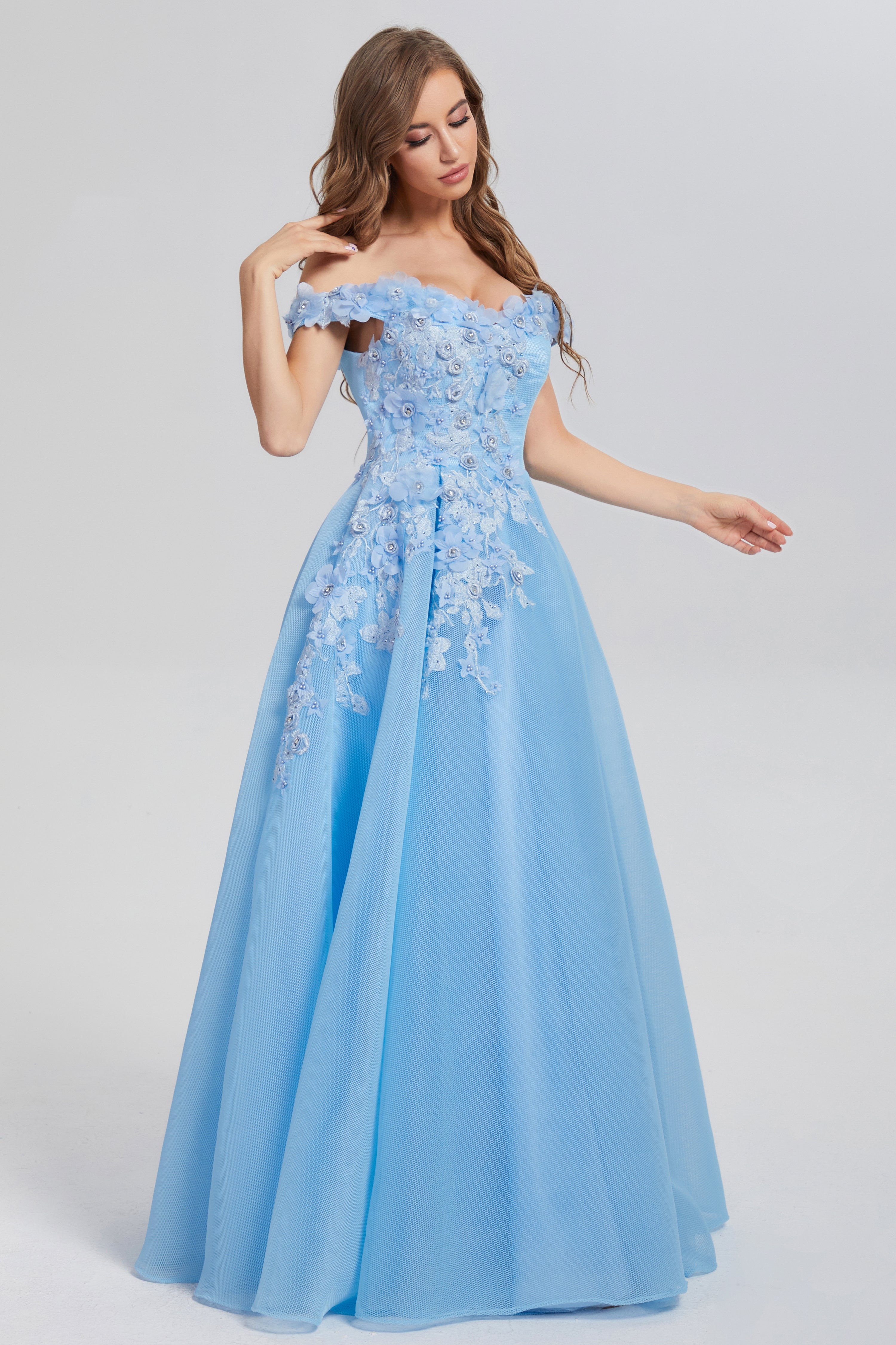 A-line Off the Shoulder Appliques Prom Dresses