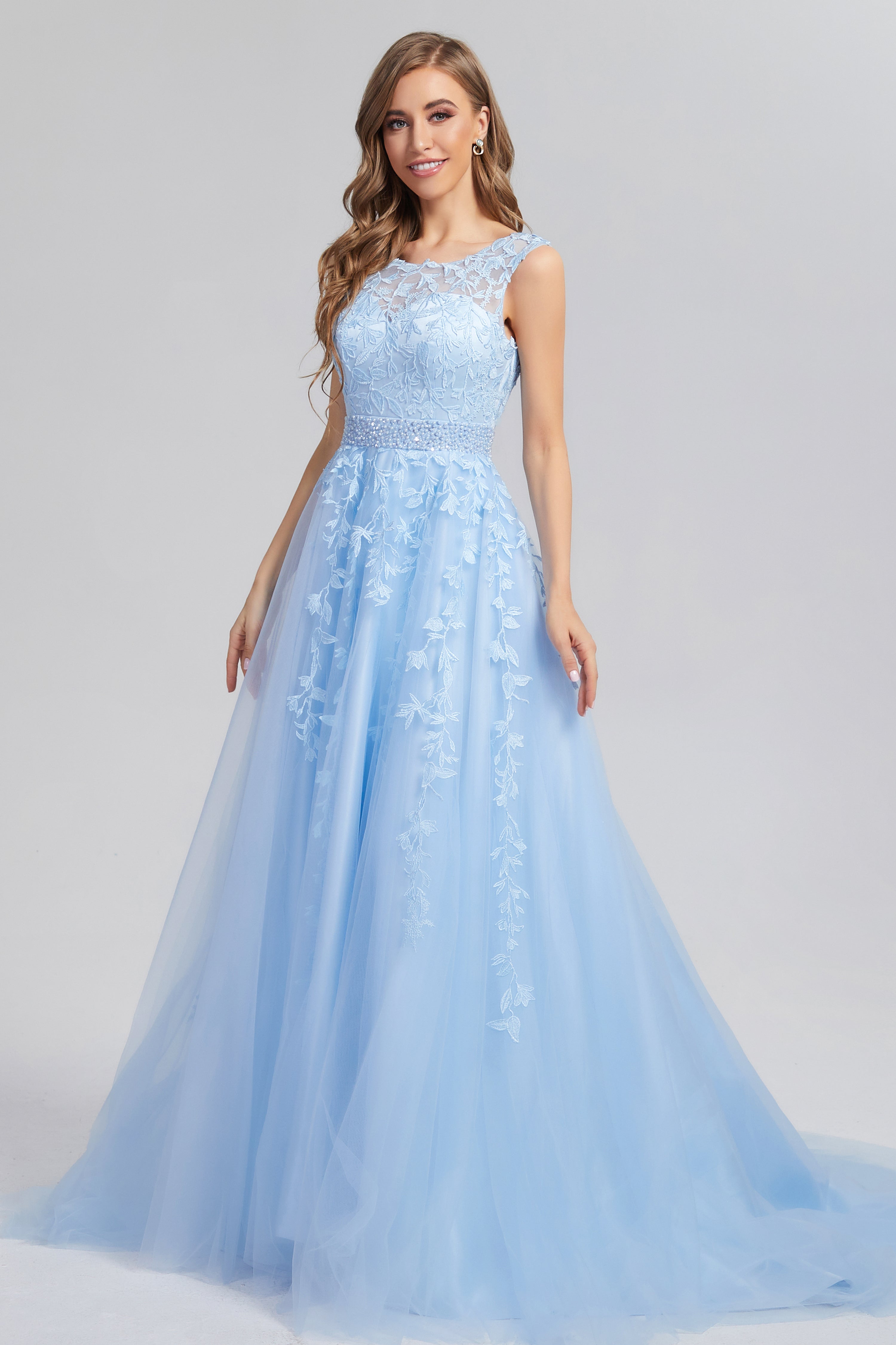 Lace up Appliques Prom Dresses with Pocket