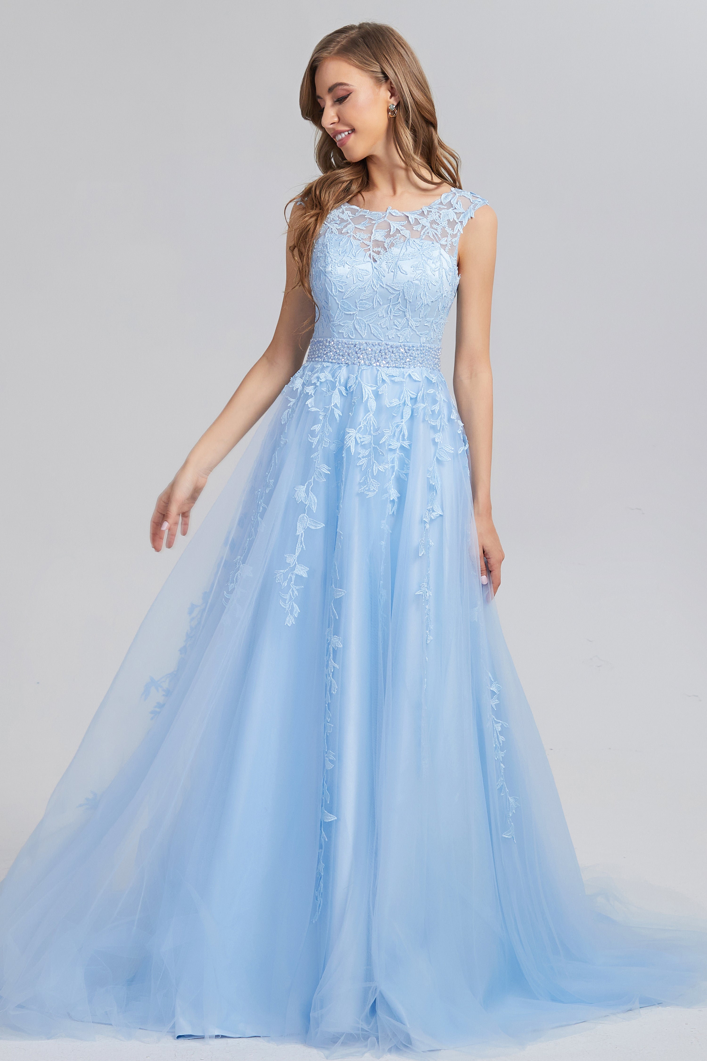 Lace up Appliques Prom Dresses with Pocket