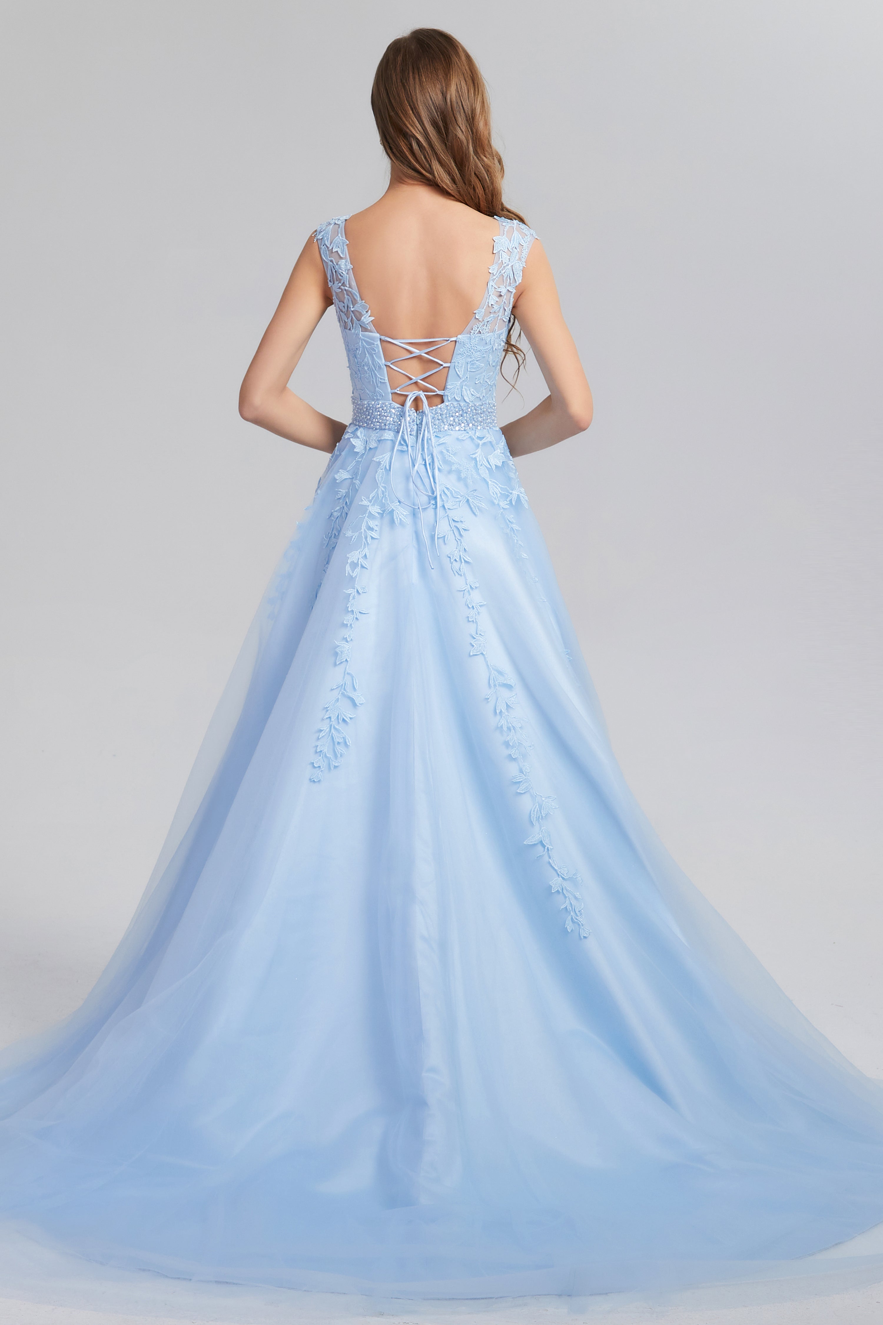 Lace up Appliques Prom Dresses with Pocket