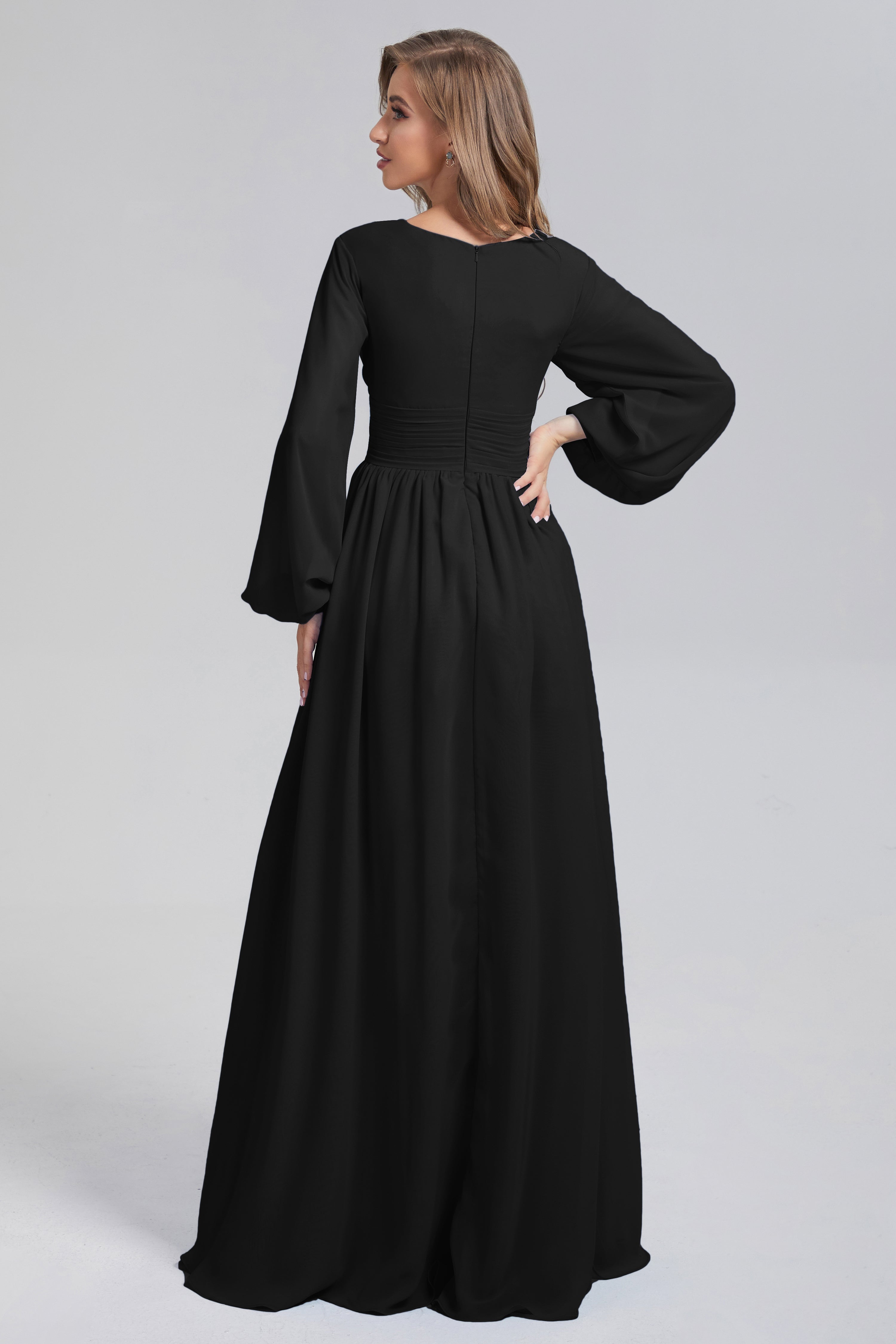 Long Sleeve Split Chiffon Prom Dresses