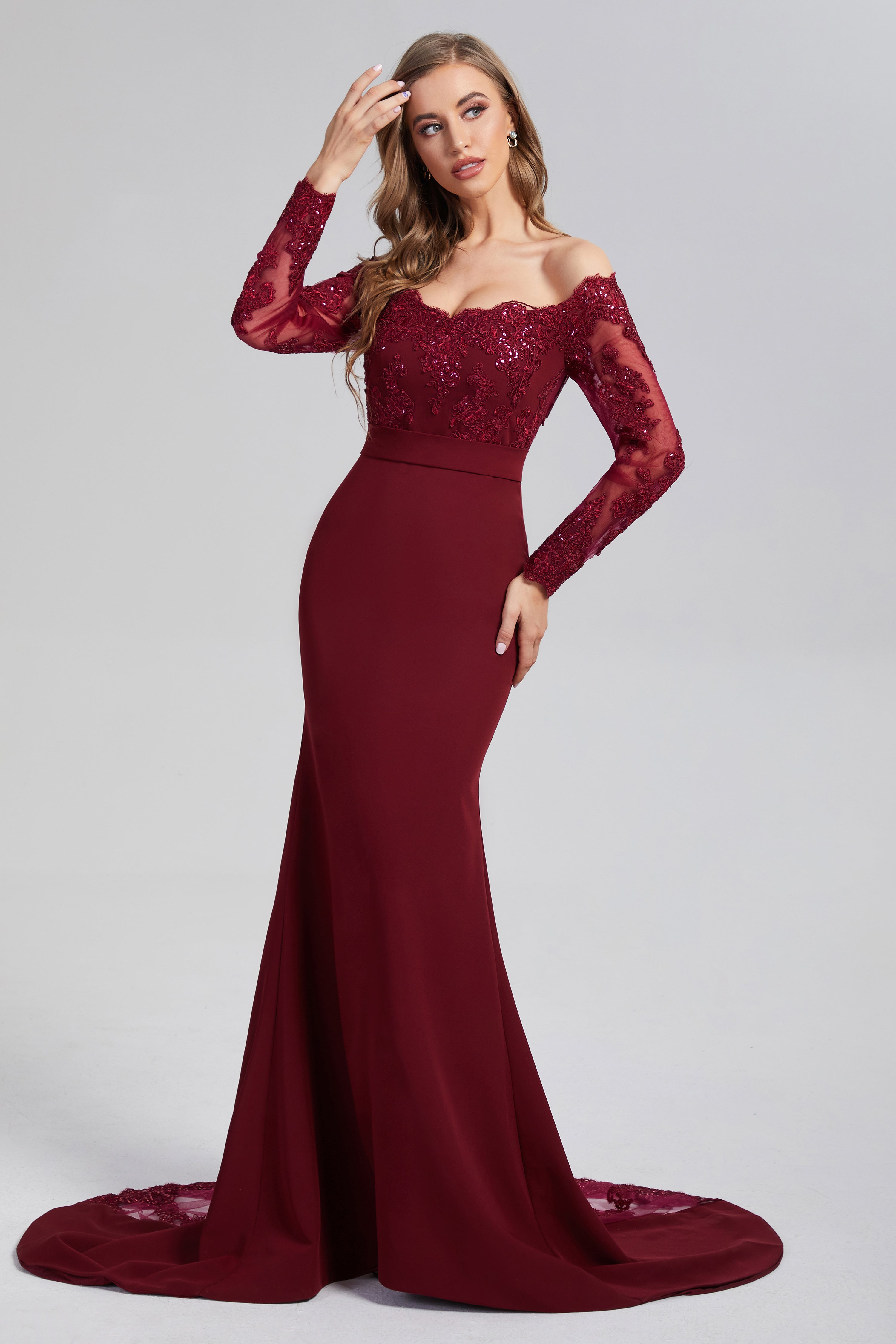 Mermaid Button Long Sleeve Prom Dresses with Trailing