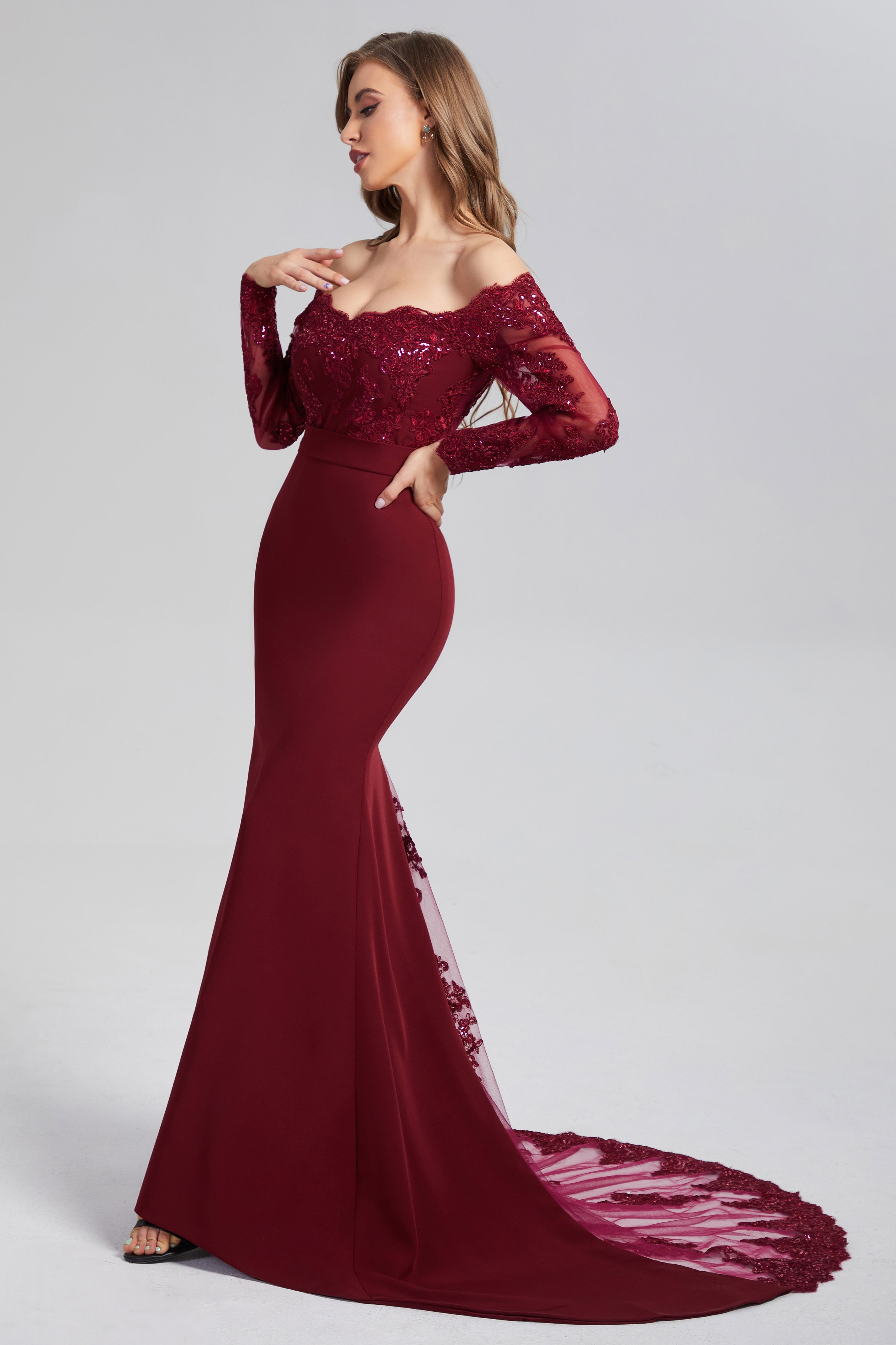 Mermaid Button Long Sleeve Prom Dresses with Trailing