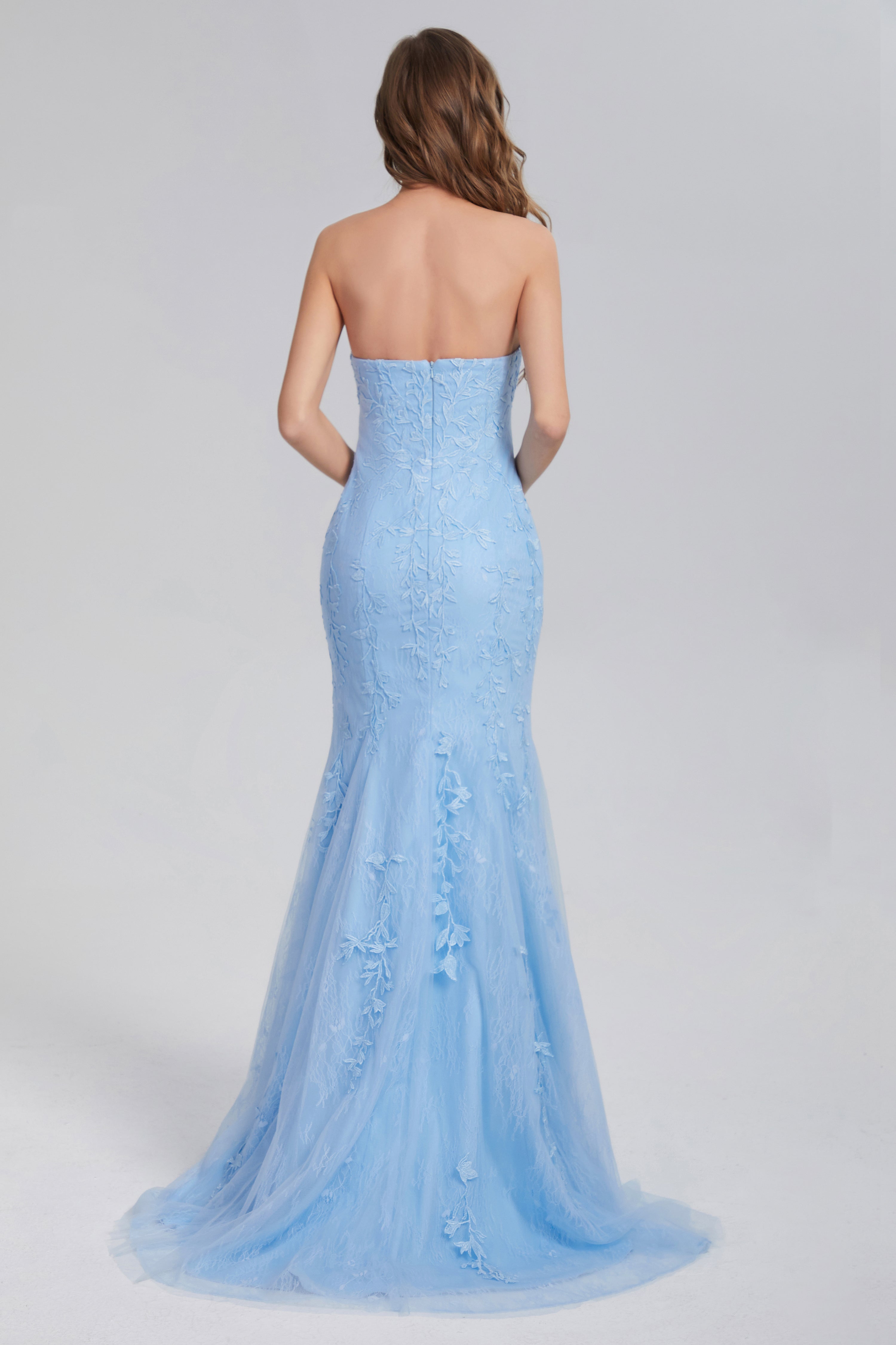 Mermaid Strapless Appliques Lace Prom Dresses