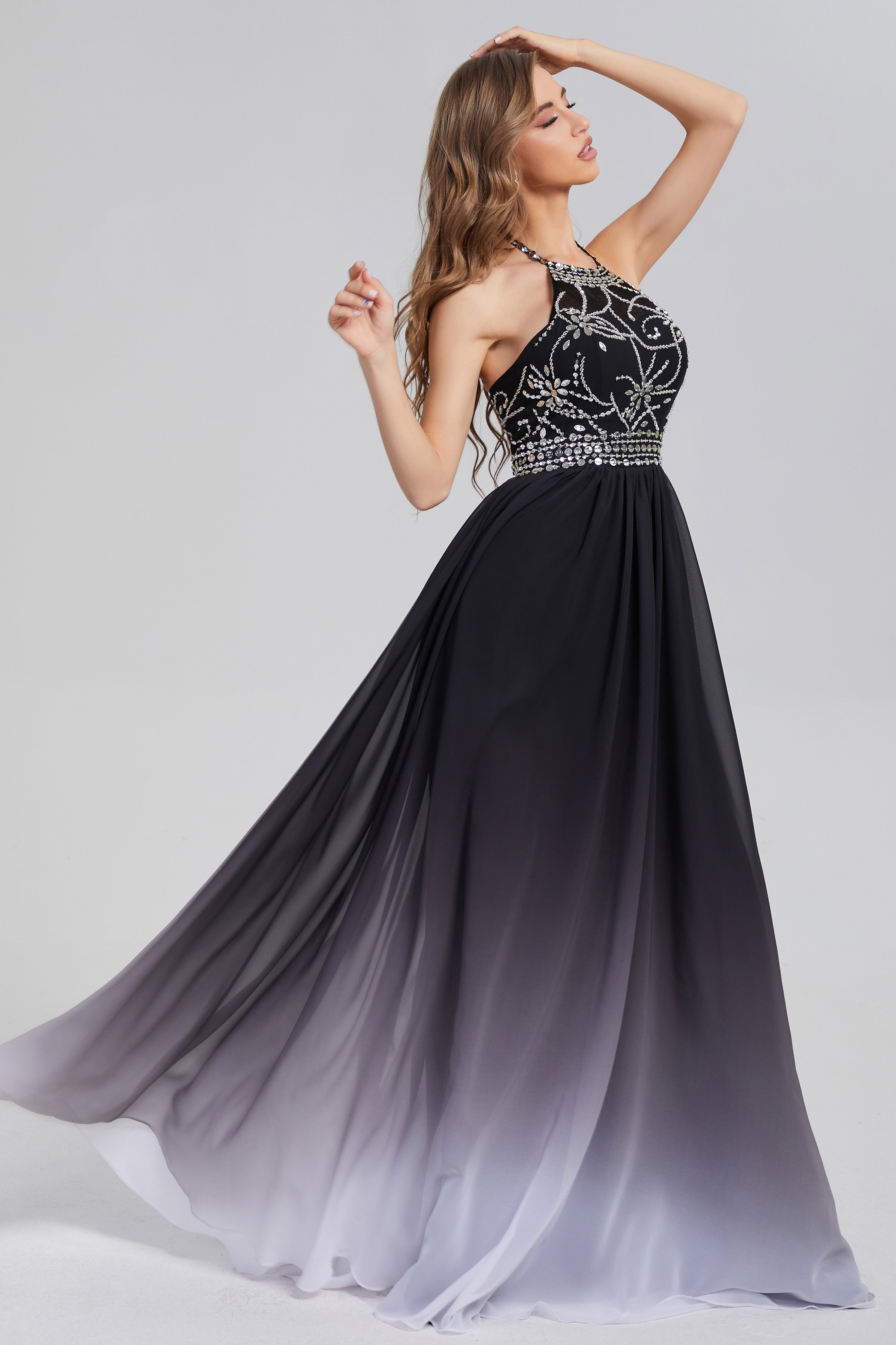 Ombre Halter Beading Chiffon Prom Dresses