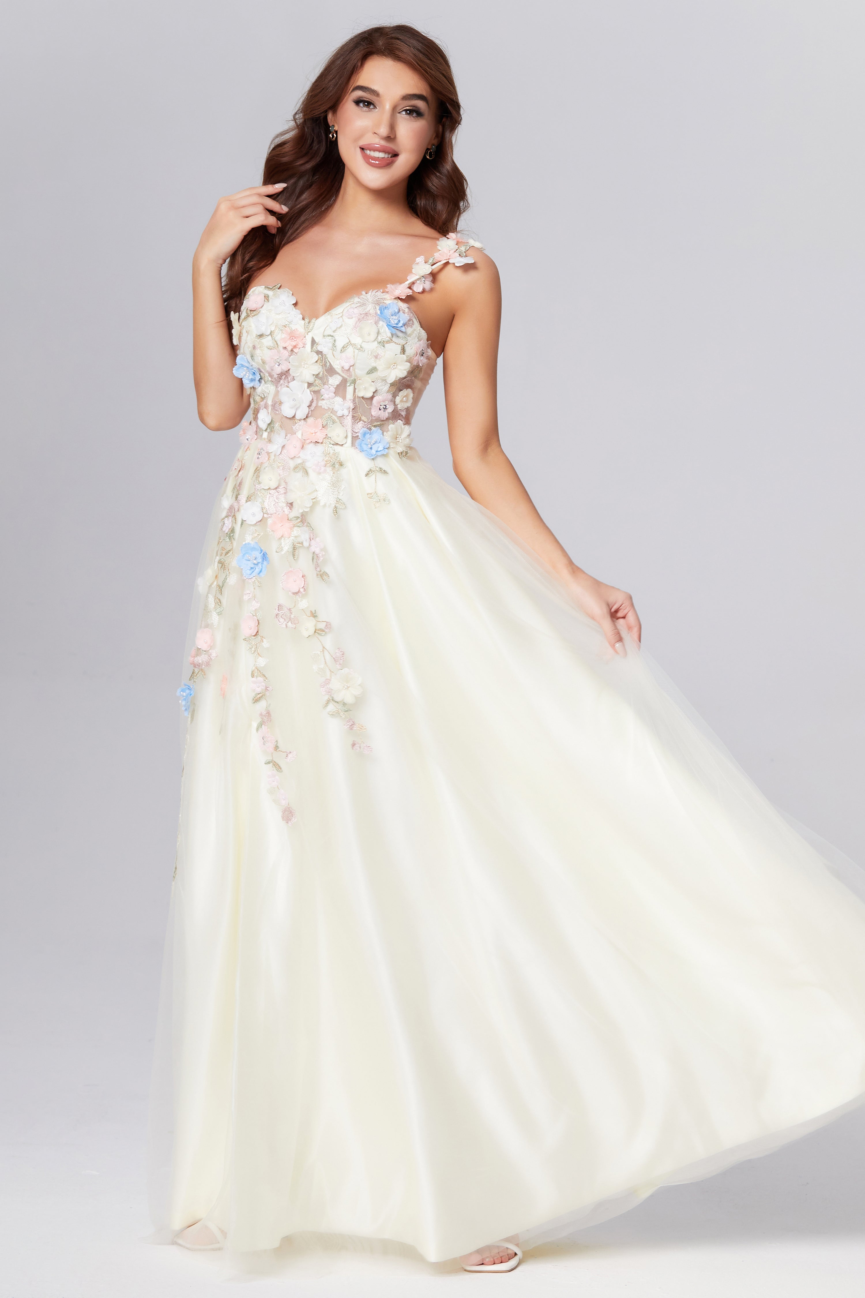 One Shoulder Split Appliques Prom Dresses