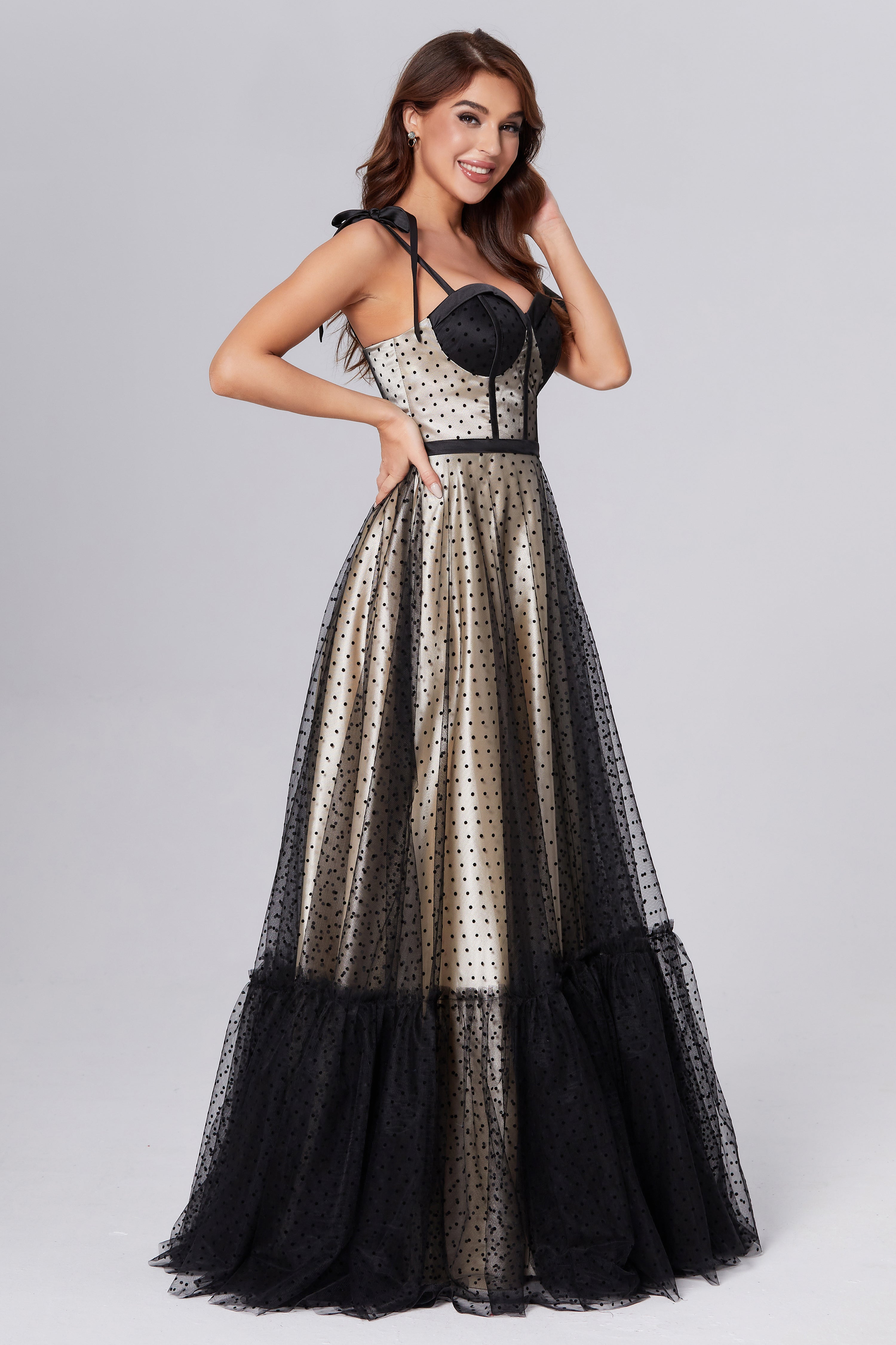 Polka Dots Floor Length Elastic Satin Prom Dresses