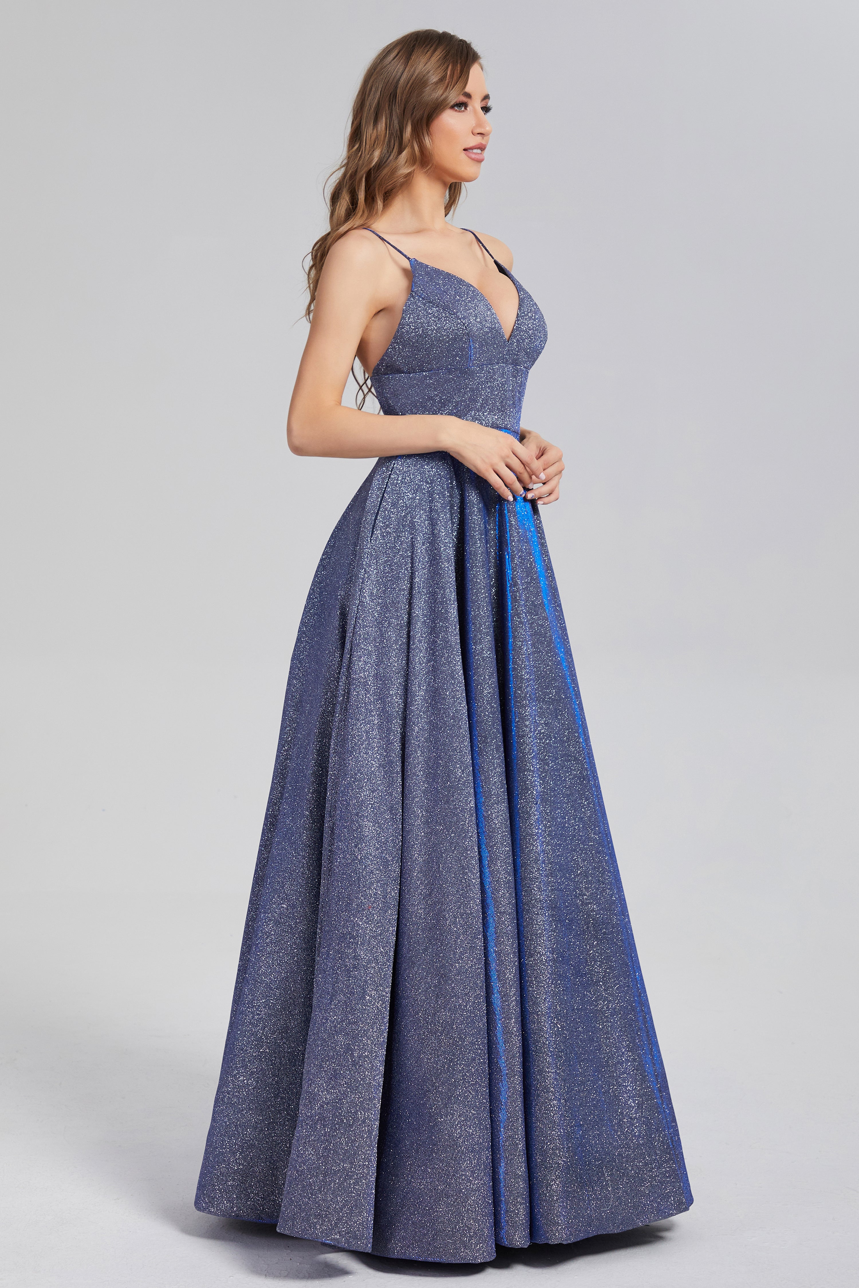 Shinning V-neck Prom Dresses with Pocket